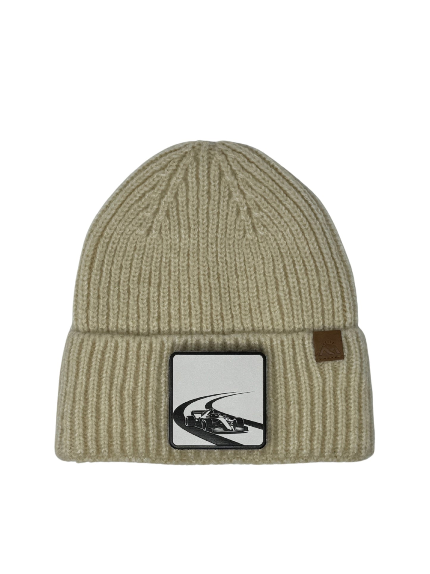 Checkered Flag | Embossed Removable Racing Patch Beanie - Wool Blend, Soft, Warm, One Size Fits Most
