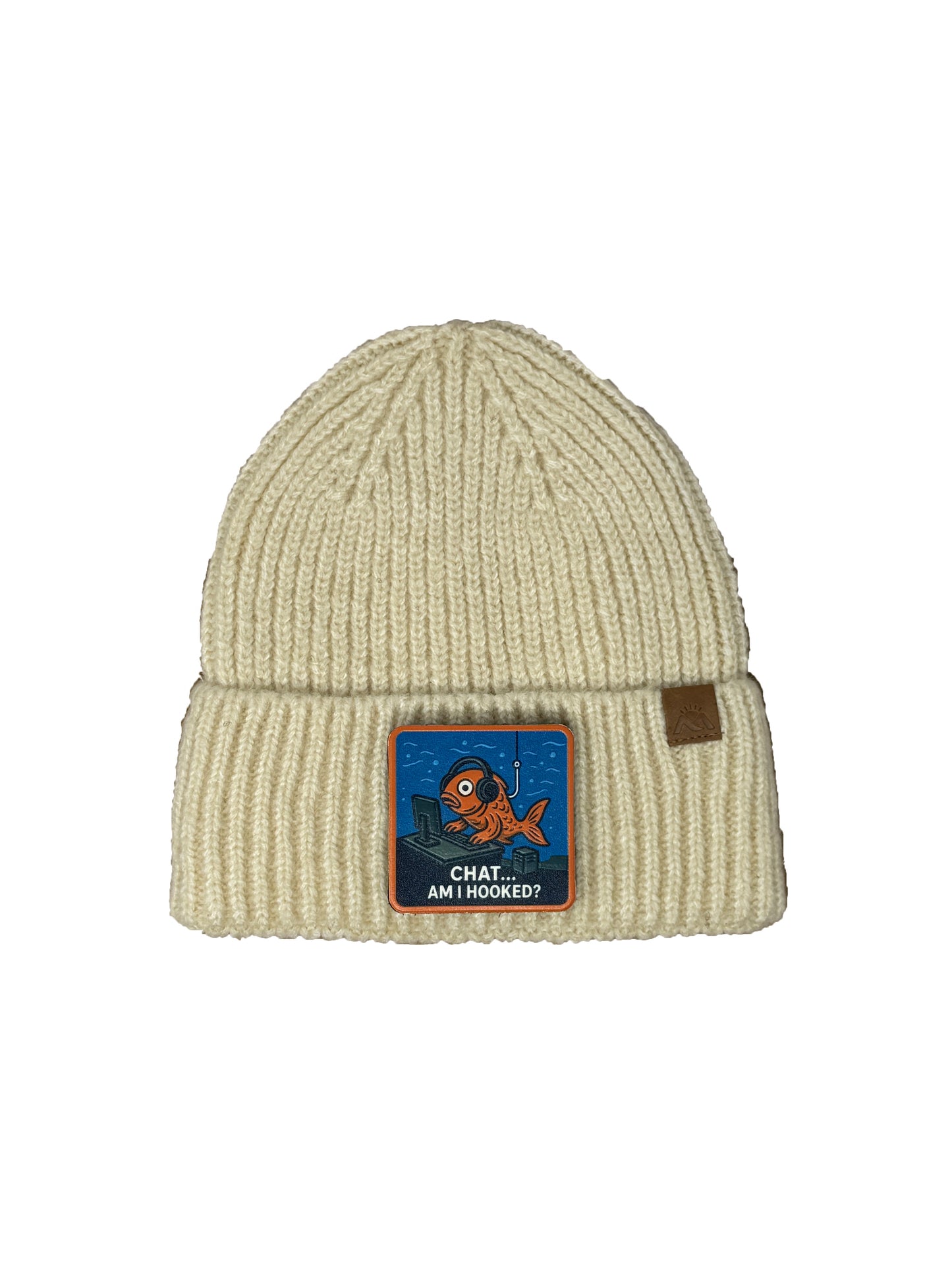 Am I Hooked? | Embossed Removable Patch Beanie - Wool Blend, Soft, Warm, One Size Fits All