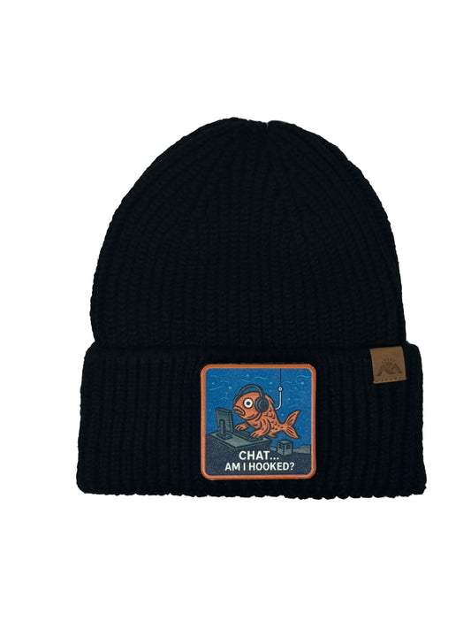 Am I Hooked? | Embossed Removable Patch Beanie - Wool Blend, Soft, Warm, One Size Fits Most