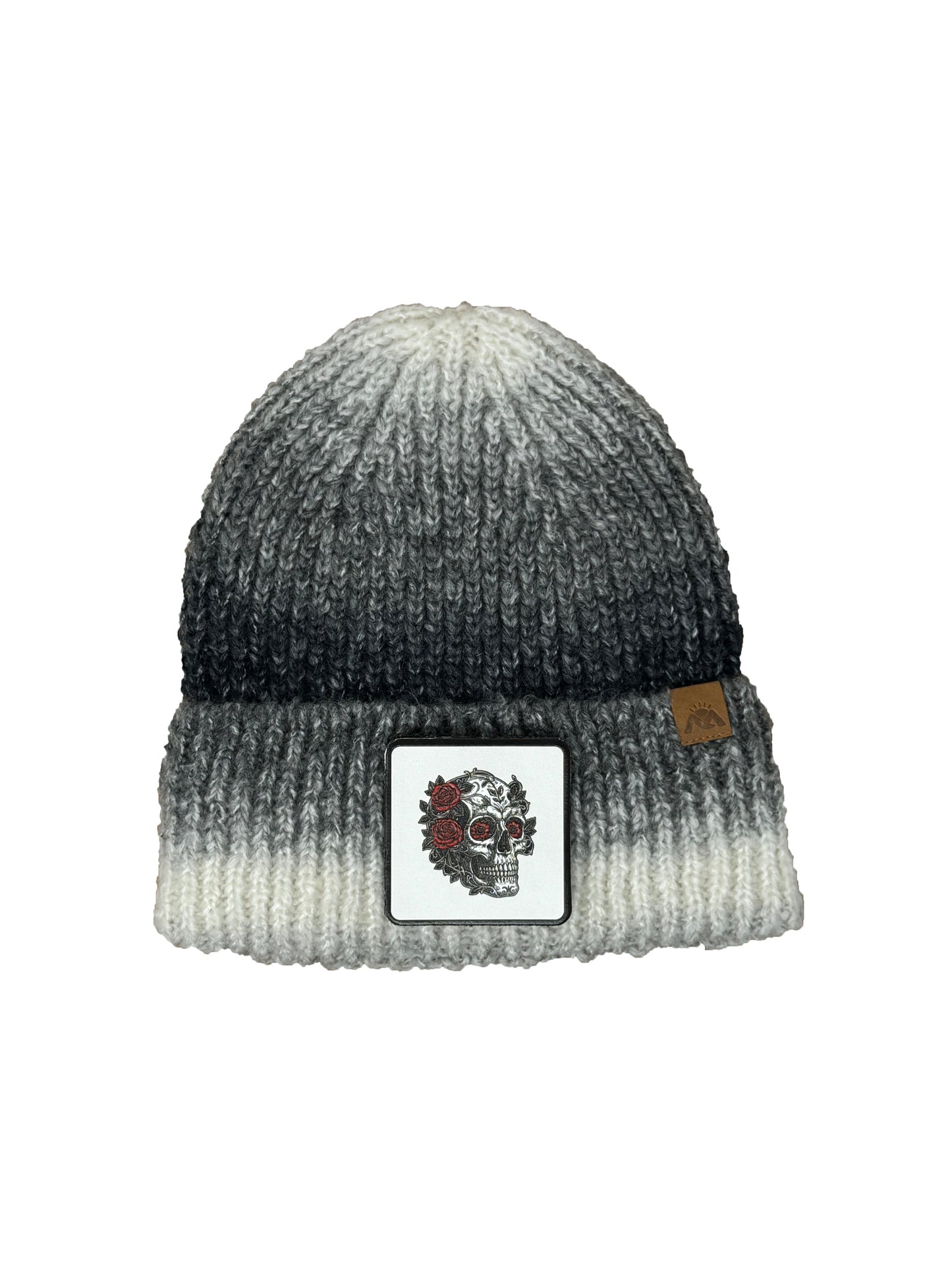 B&W Skull | Embossed Removable Patch Beanie - Wool Blend, Soft, Warm, One Size Fits All