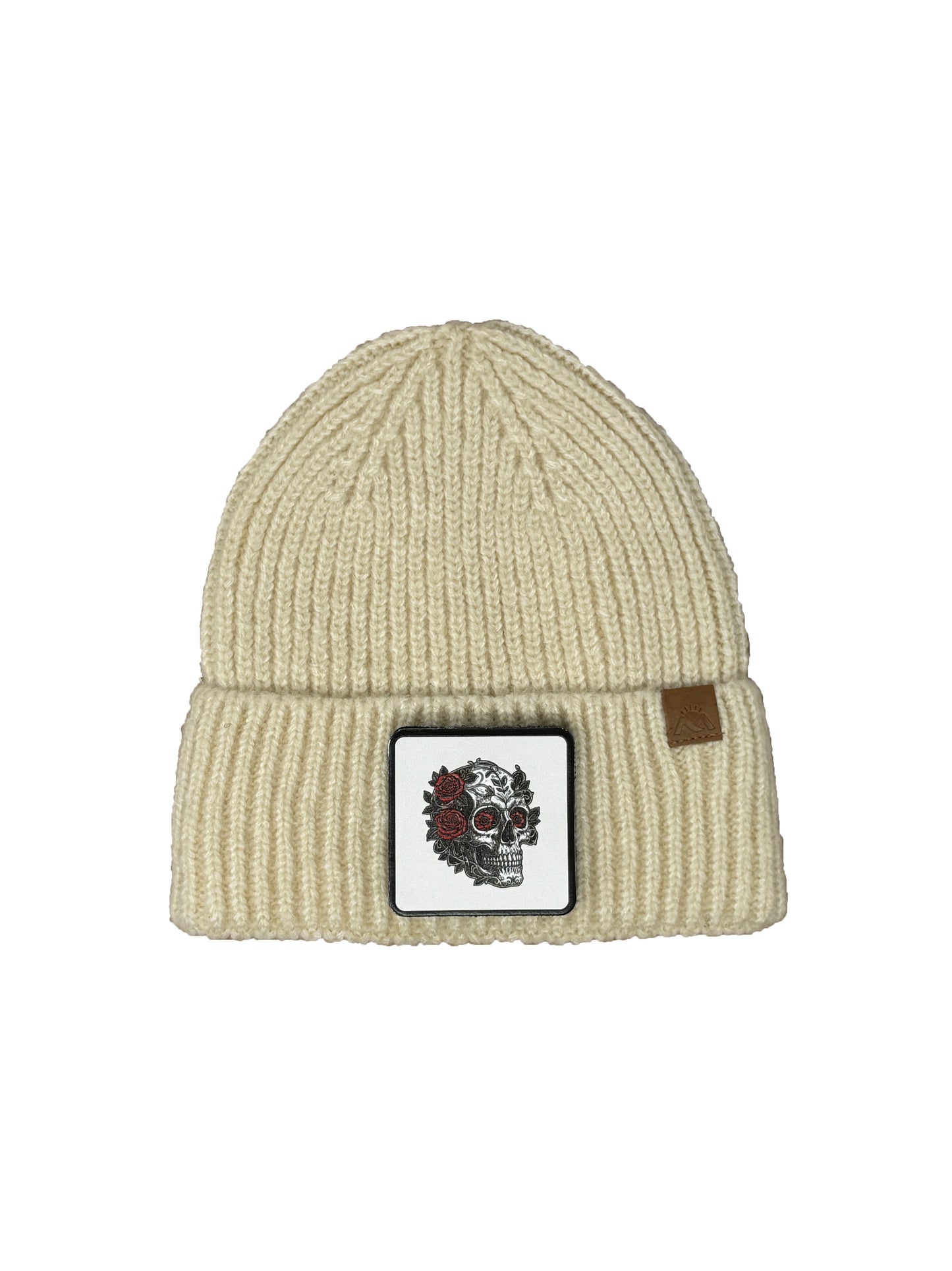 B&W Skull | Embossed Removable Patch Beanie - Wool Blend, Soft, Warm, One Size Fits All