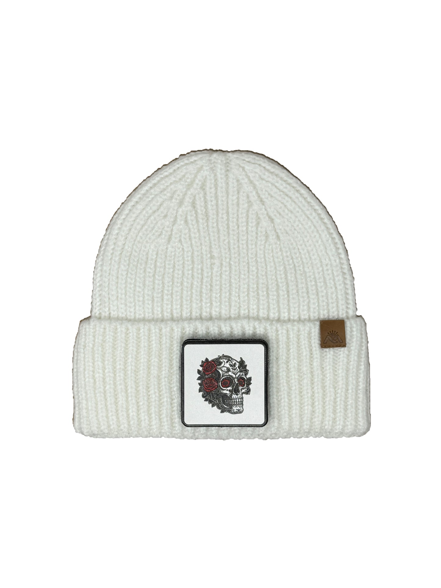 B&W Skull | Embossed Removable Patch Beanie - Wool Blend, Soft, Warm, One Size Fits All