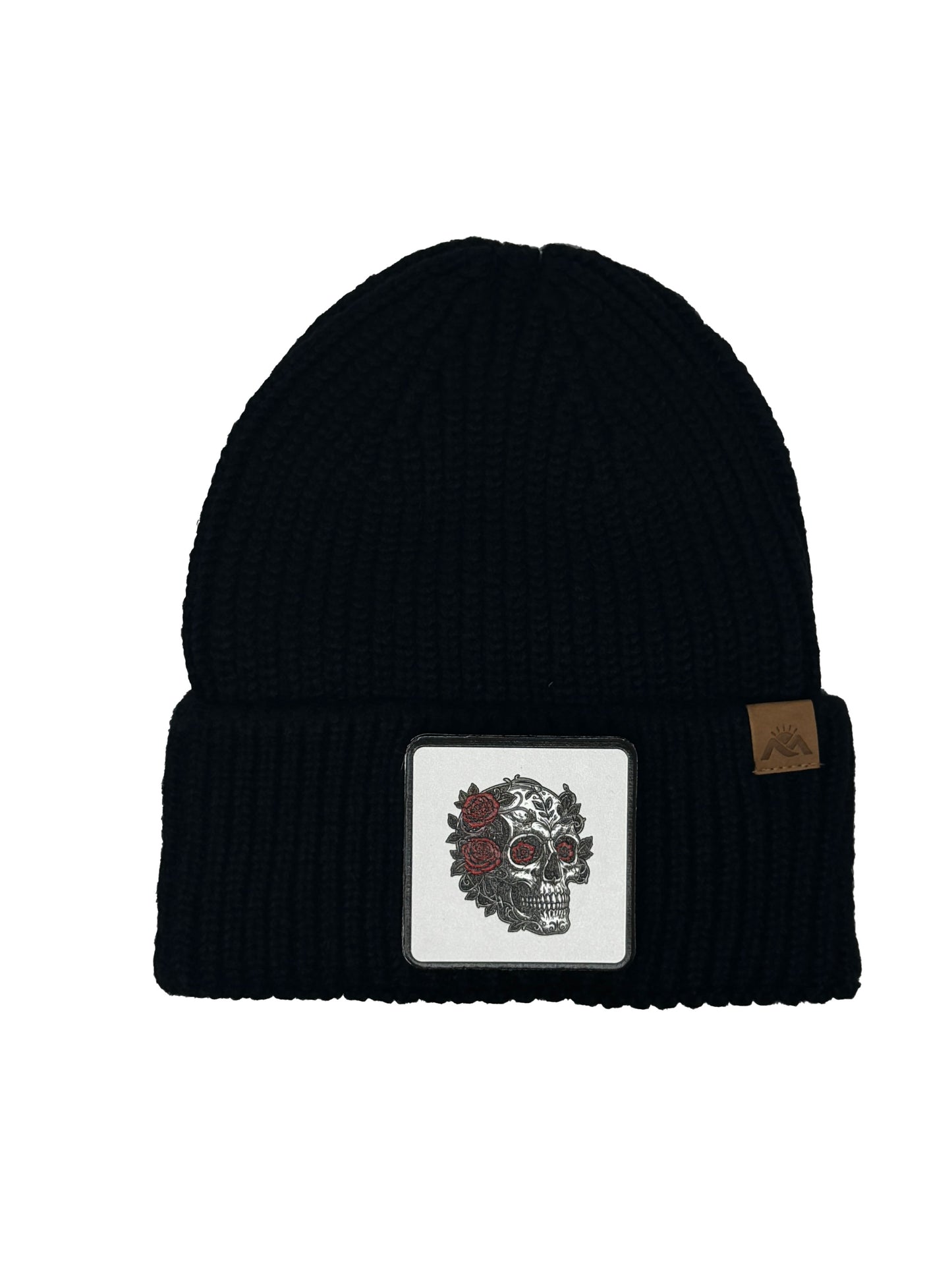 B&W Skull | Embossed Removable Patch Beanie - Wool Blend, Soft, Warm, One Size Fits All