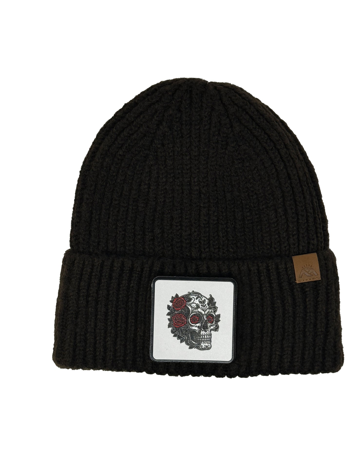B&W Skull | Embossed Removable Patch Beanie - Wool Blend, Soft, Warm, One Size Fits All