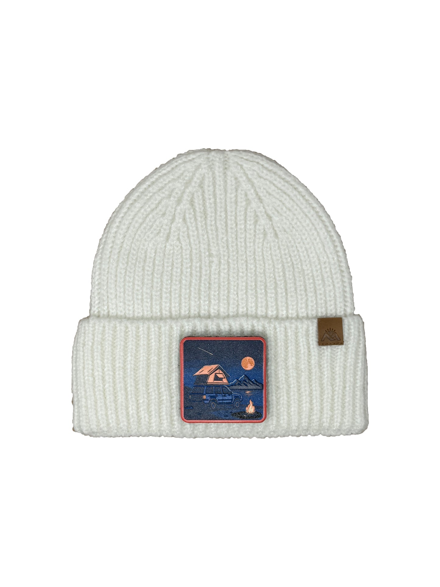 Campfire Nights | Embossed Removable Patch Beanie - Wool Blend, Soft, Warm, One Size Fits All
