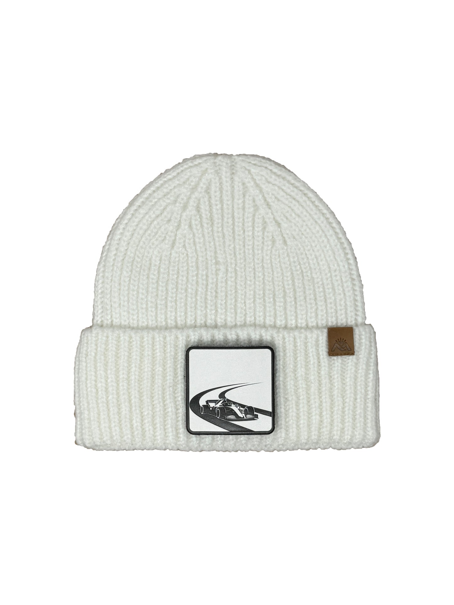 Checkered Flag | Embossed Removable Racing Patch Beanie - Wool Blend, Soft, Warm, One Size Fits All