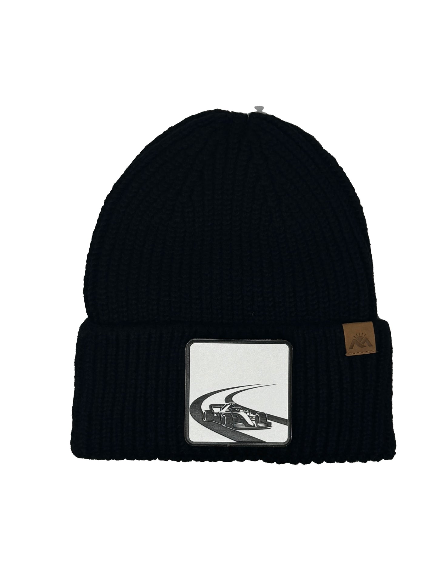 Checkered Flag | Embossed Removable Racing Patch Beanie - Wool Blend, Soft, Warm, One Size Fits All