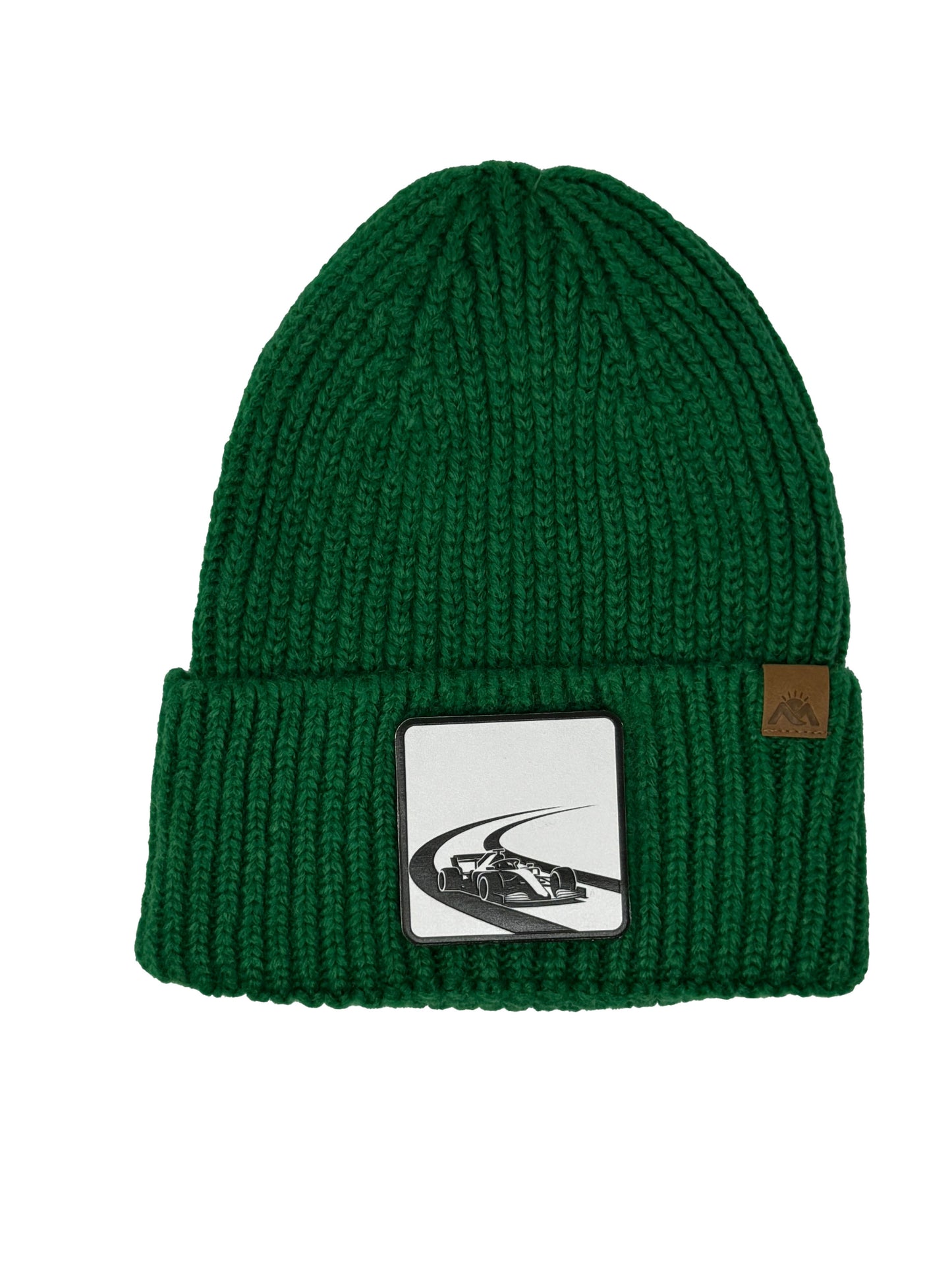 Checkered Flag | Embossed Removable Racing Patch Beanie - Wool Blend, Soft, Warm, One Size Fits All