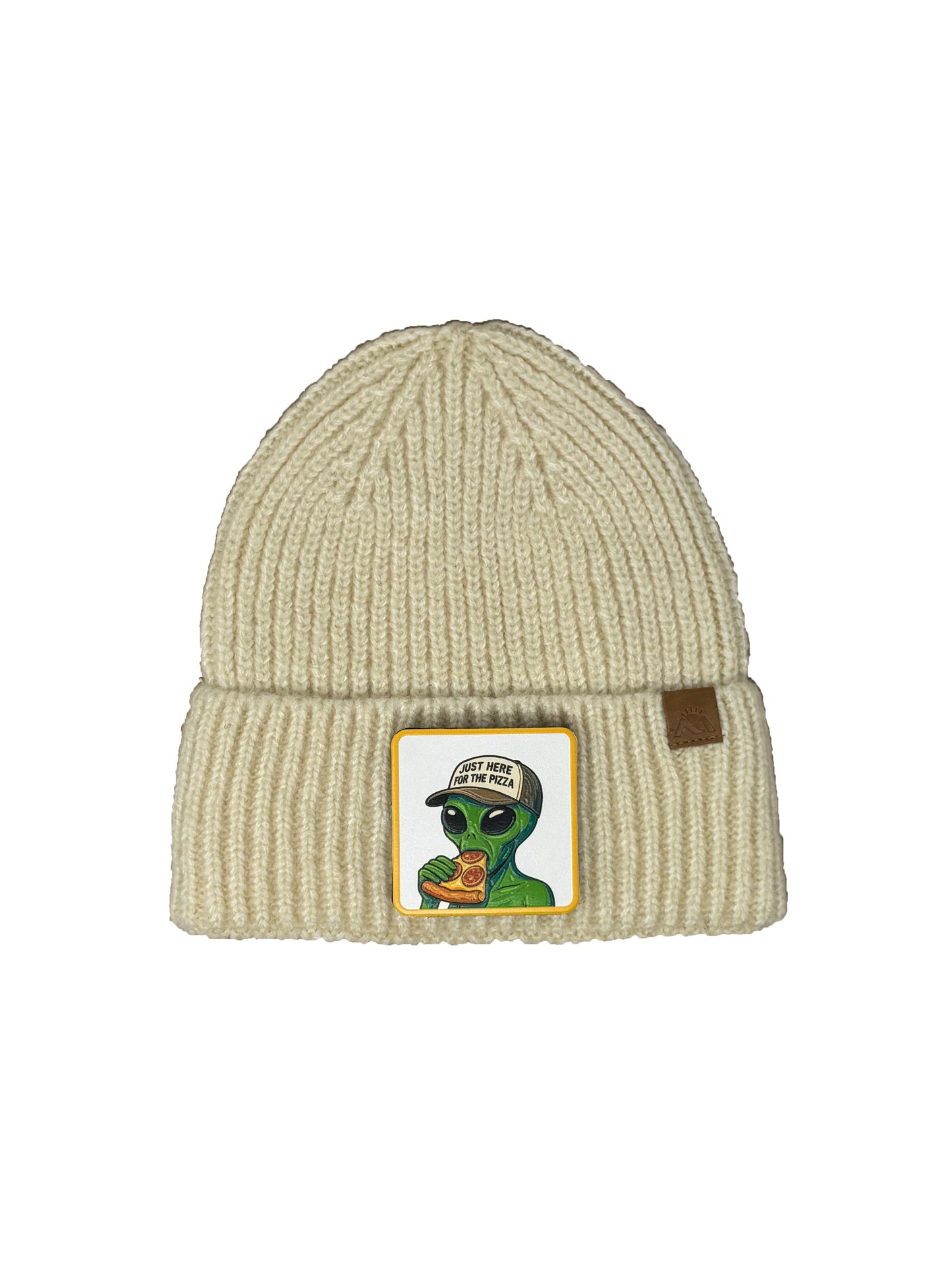 Here for the Pizza | Embossed Removable Patch Beanie - Wool Blend, Soft, Warm, One Size Fits All