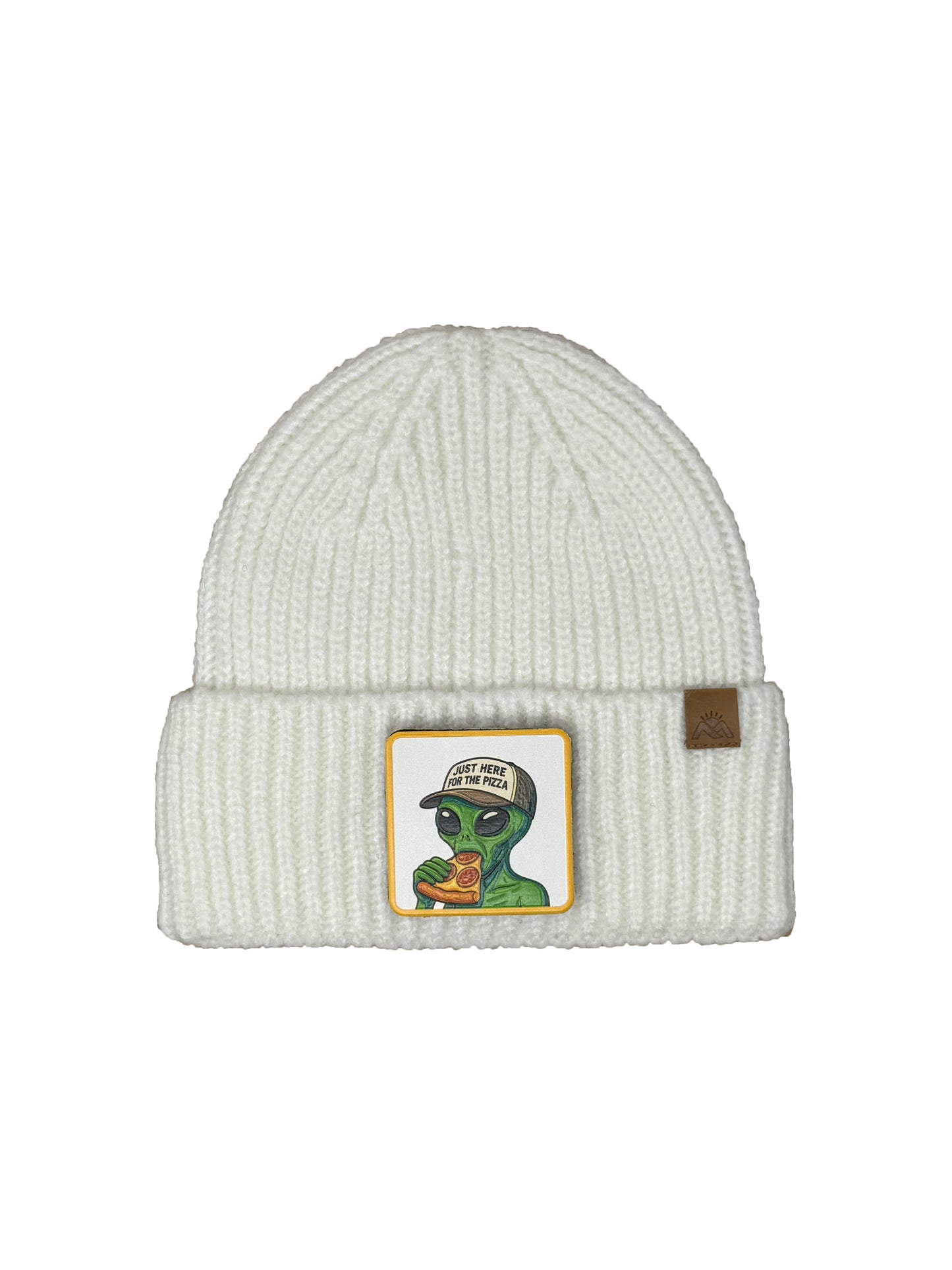 Here for the Pizza | Embossed Removable Patch Beanie - Wool Blend, Soft, Warm, One Size Fits All