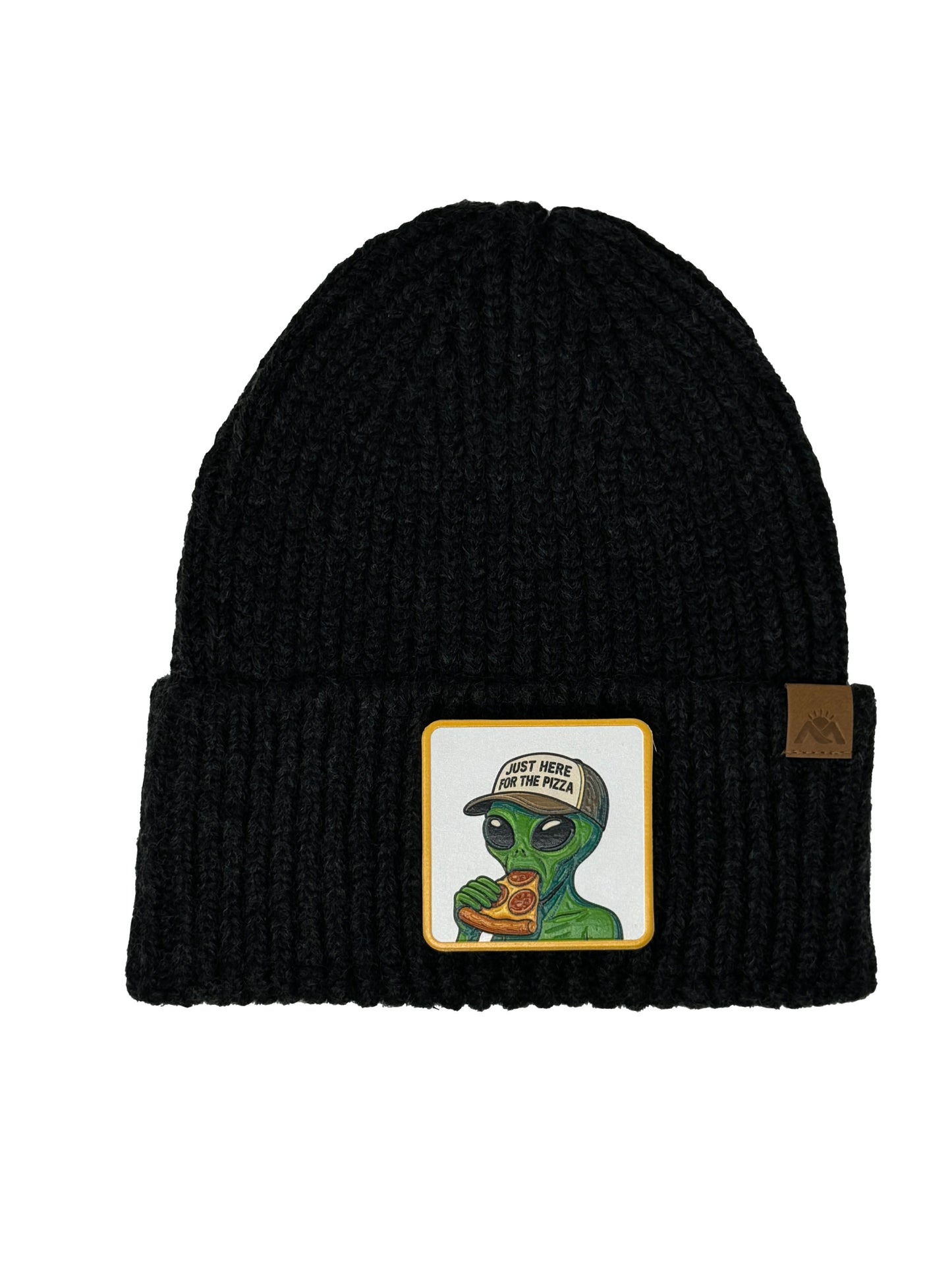 Here for the Pizza | Embossed Removable Patch Beanie - Wool Blend, Soft, Warm, One Size Fits All