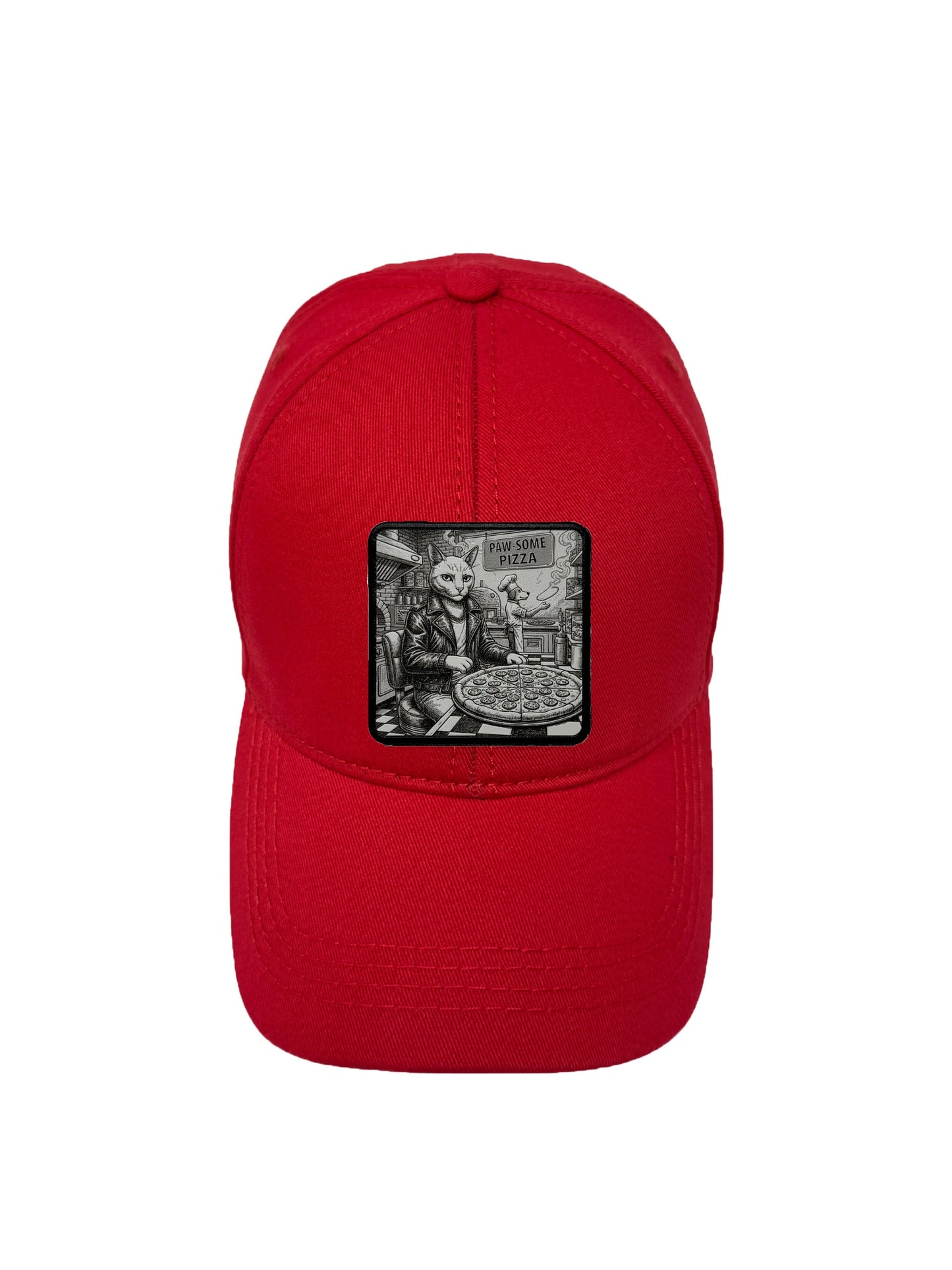 Paw-some Pizza | Embossed Removable Patch 6 Panel Baseball Hat – %100 Cotton, Adjustable Strapback, Curved Bill , One Size Fits Most