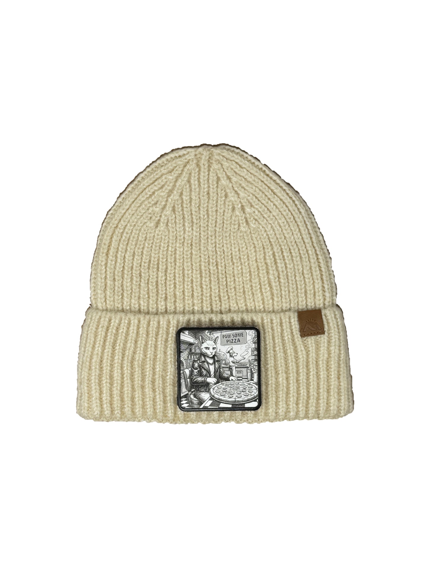 Paw-some Pizza | Embossed Removable Patch Beanie - Wool Blend, Soft, Warm, One Size Fits All