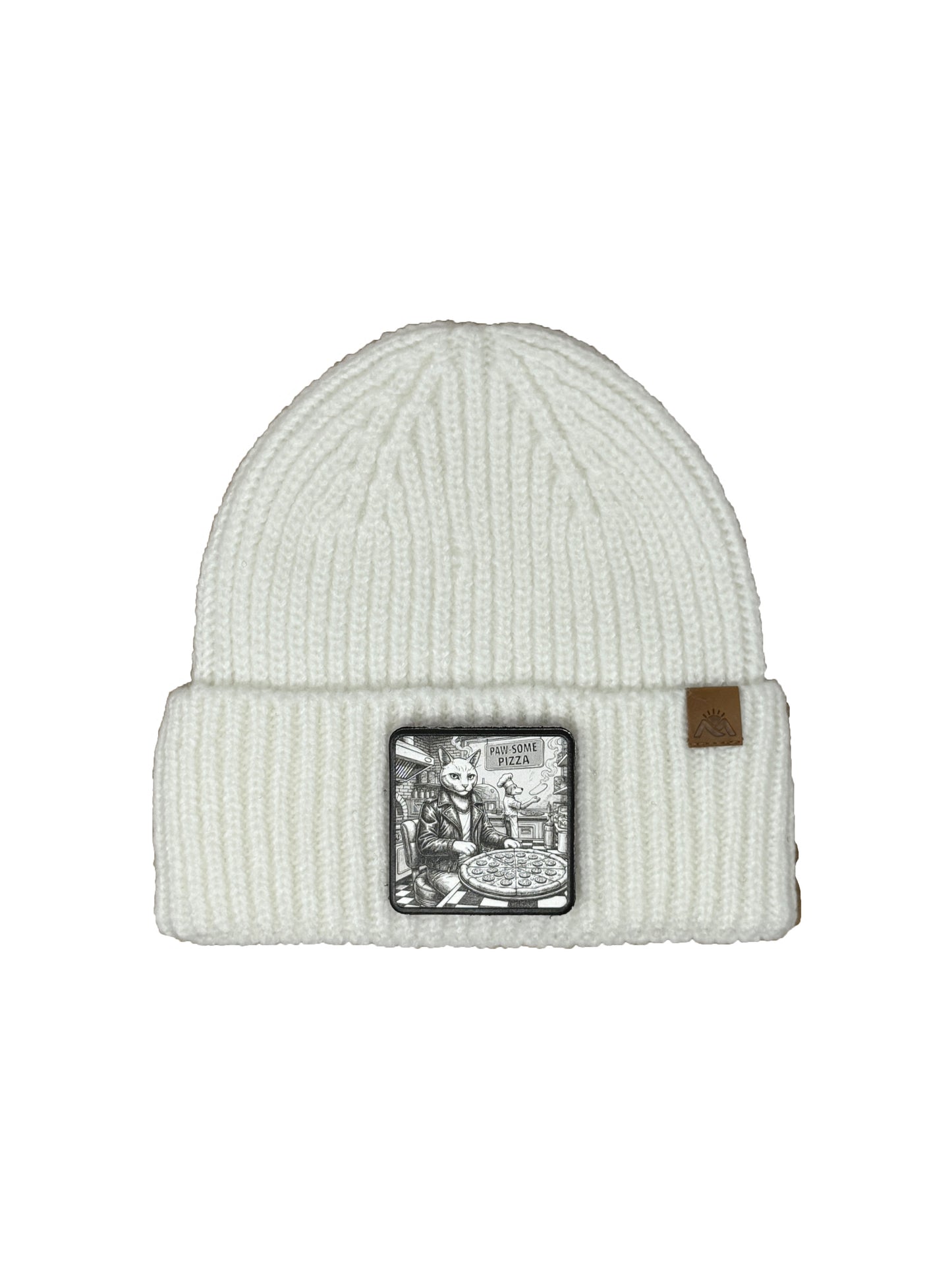 Paw-some Pizza | Embossed Removable Patch Beanie - Wool Blend, Soft, Warm, One Size Fits All
