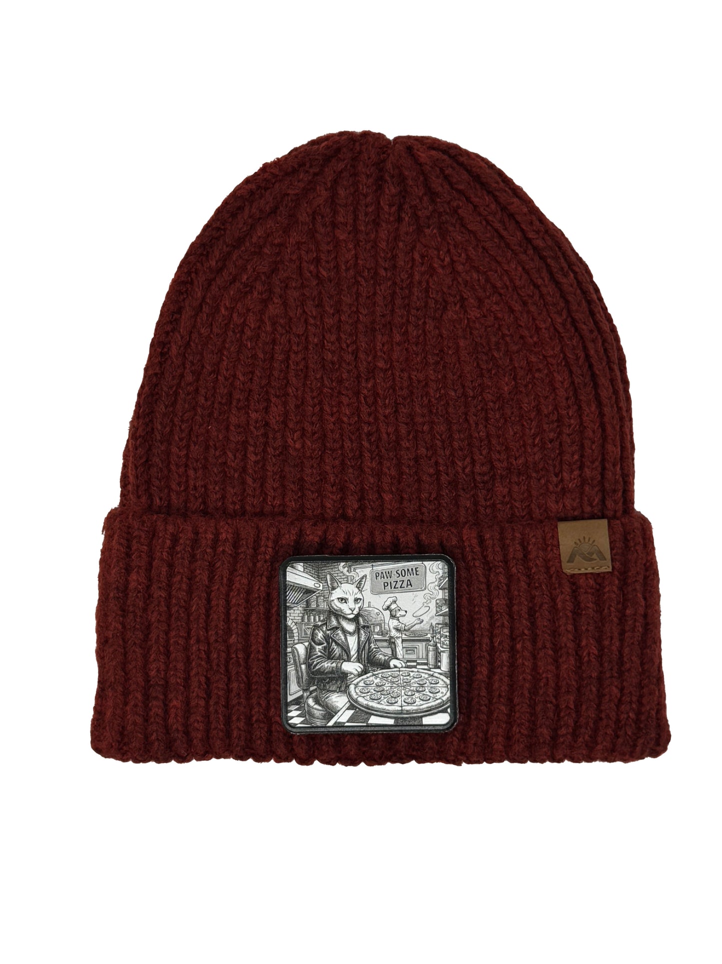 Paw-some Pizza | Embossed Removable Patch Beanie - Wool Blend, Soft, Warm, One Size Fits All