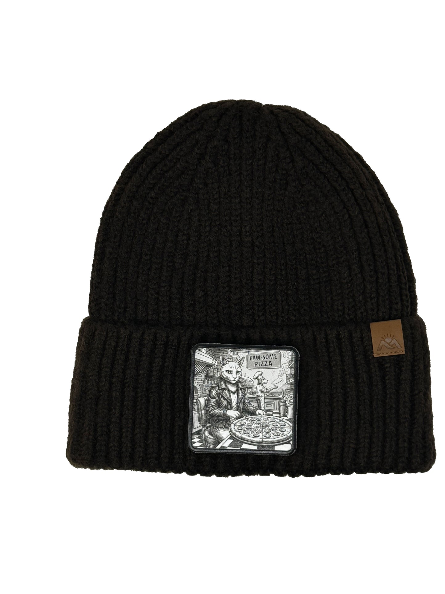 Paw-some Pizza | Embossed Removable Patch Beanie - Wool Blend, Soft, Warm, One Size Fits All