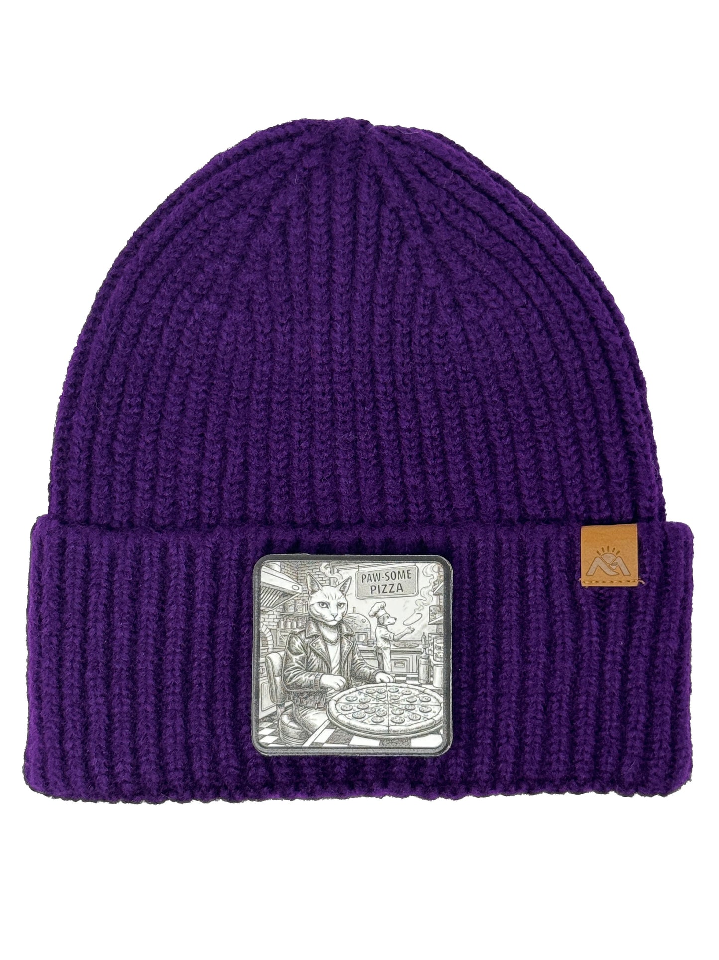 Paw-some Pizza | Embossed Removable Patch Beanie - Wool Blend, Soft, Warm, One Size Fits All