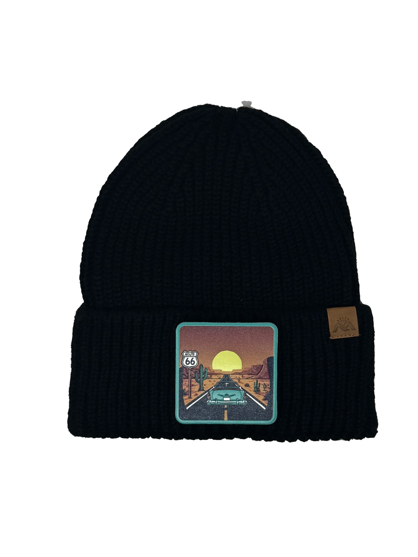 Route 66 | Embossed Removable Patch Beanie - Wool Blend, Soft, Warm, One Size Fits All
