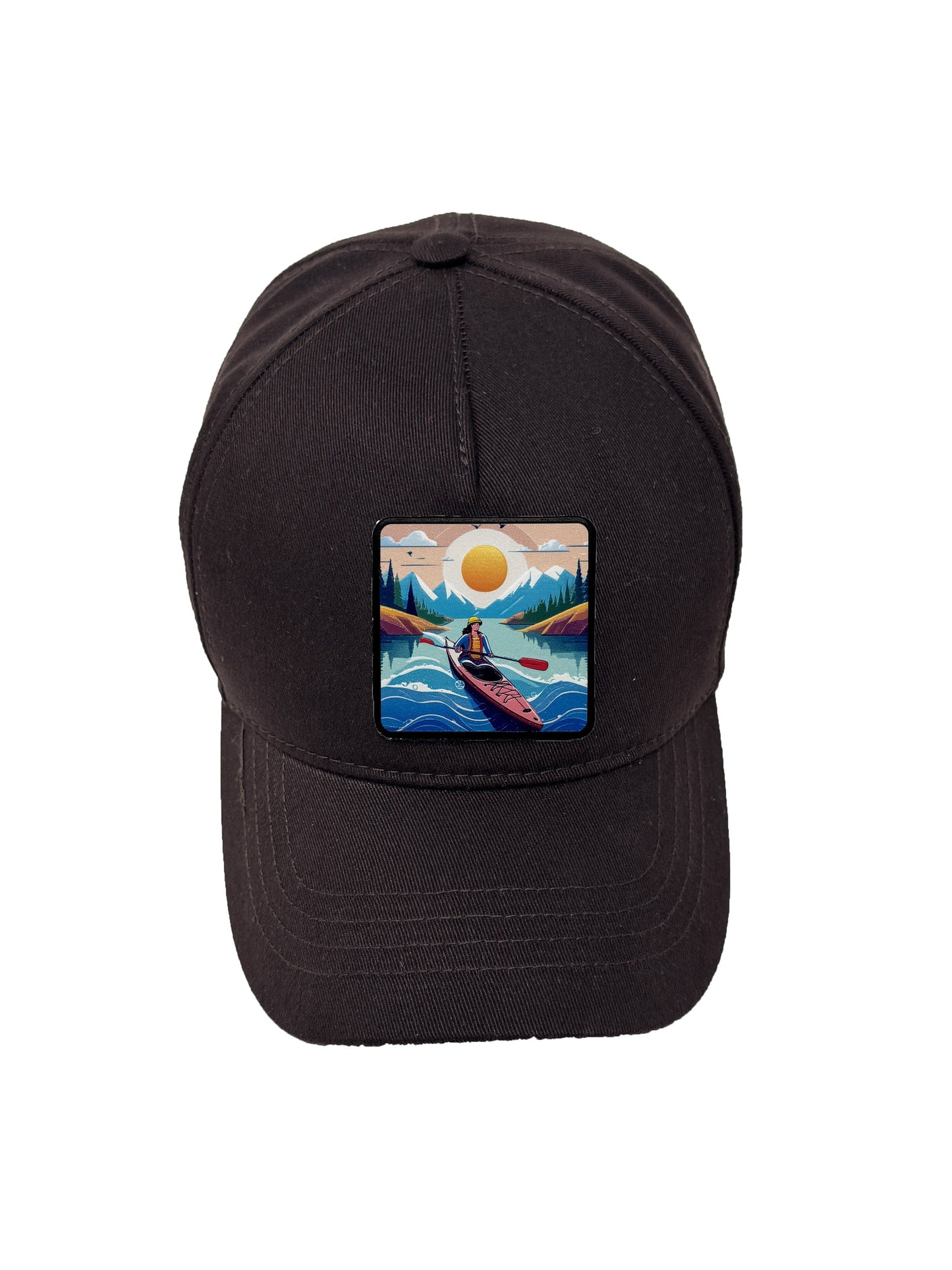 Sunset Kayak | Embossed Removable Adventure Patch 5 Panel Baseball Hat – %100 Cotton, Adjustable Strapback, Curved Bill , One Size Fits Most