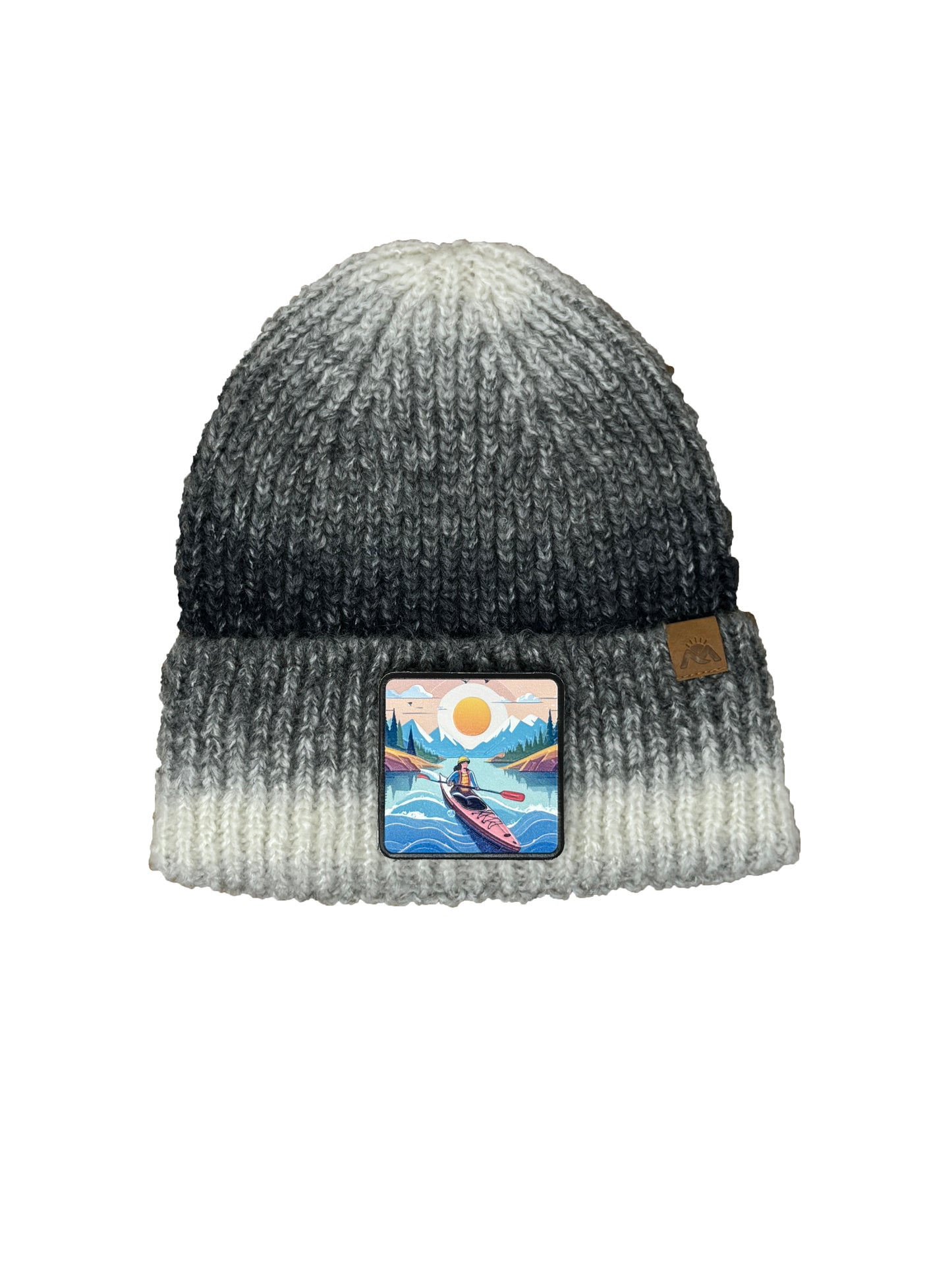 Sunset Kayak | Embossed Removable Adventure Patch Beanie - Wool Blend, Soft, Warm, One Size Fits All