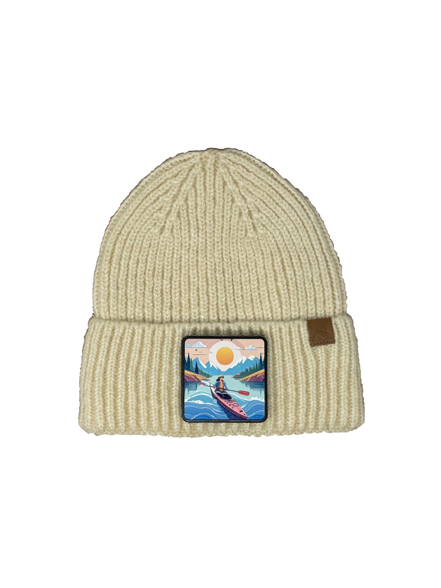 Sunset Kayak | Embossed Removable Adventure Patch Beanie - Wool Blend, Soft, Warm, One Size Fits All
