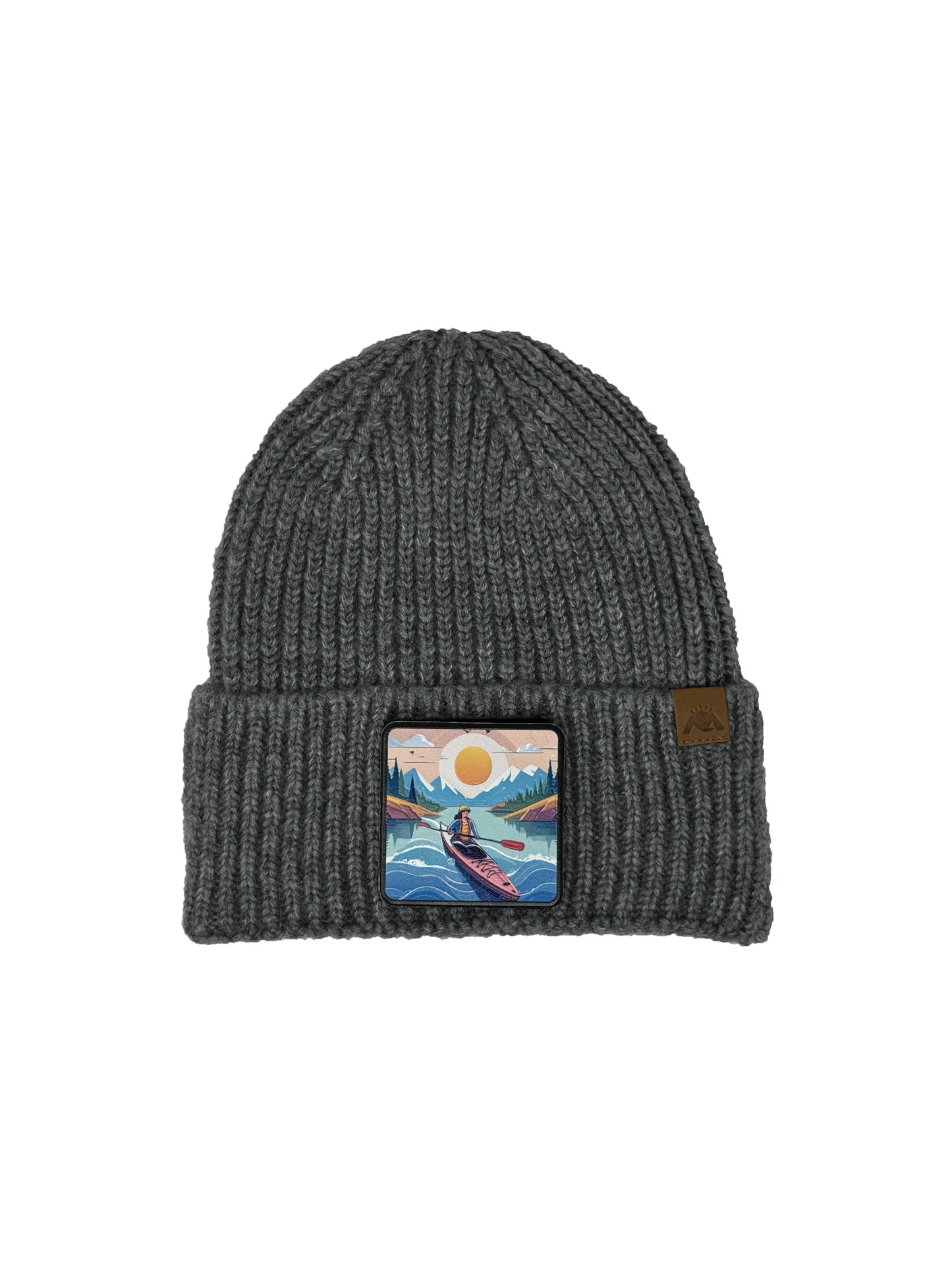 Sunset Kayak | Embossed Removable Adventure Patch Beanie - Wool Blend, Soft, Warm, One Size Fits All