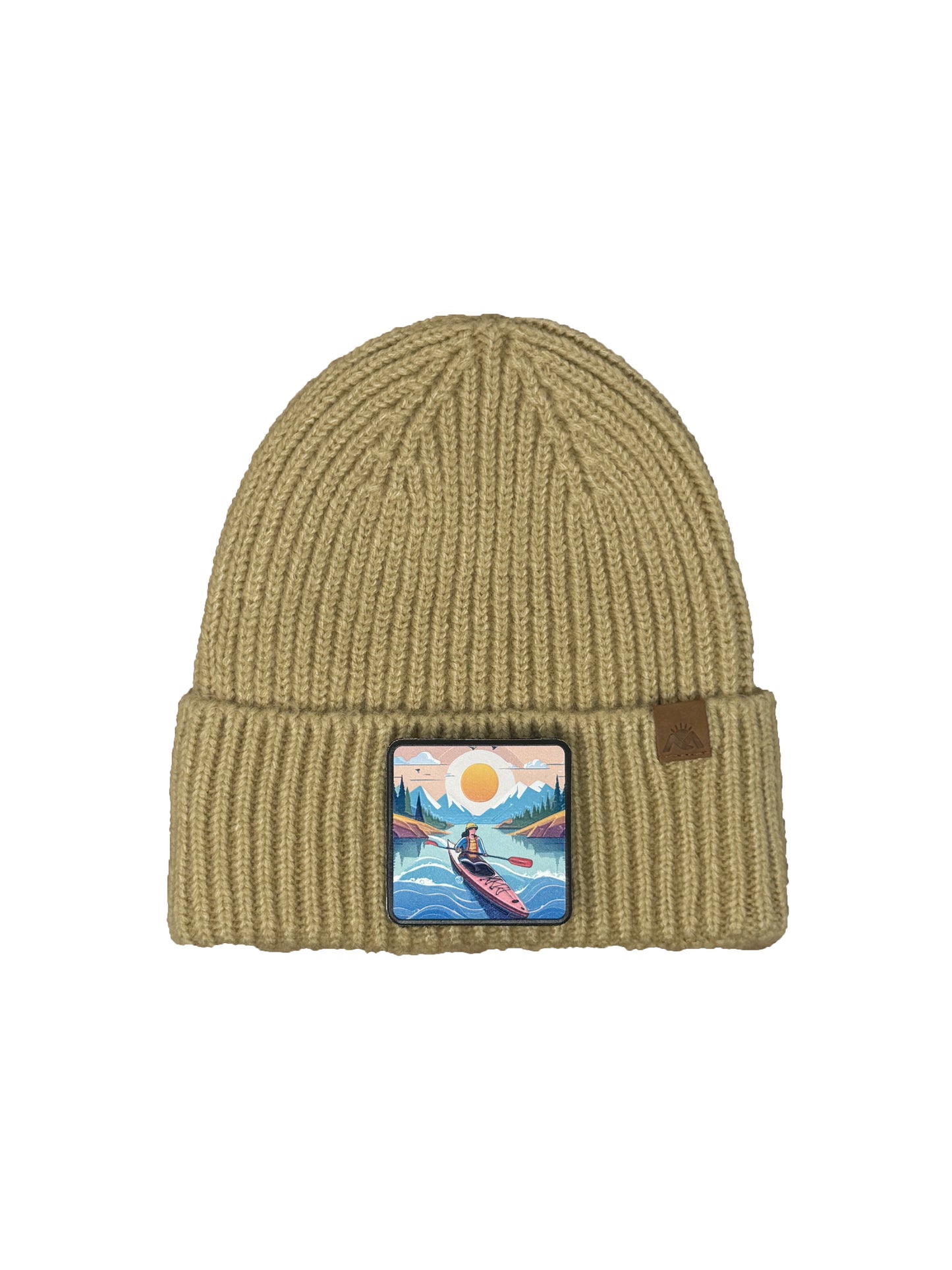 Sunset Kayak | Embossed Removable Adventure Patch Beanie - Wool Blend, Soft, Warm, One Size Fits All