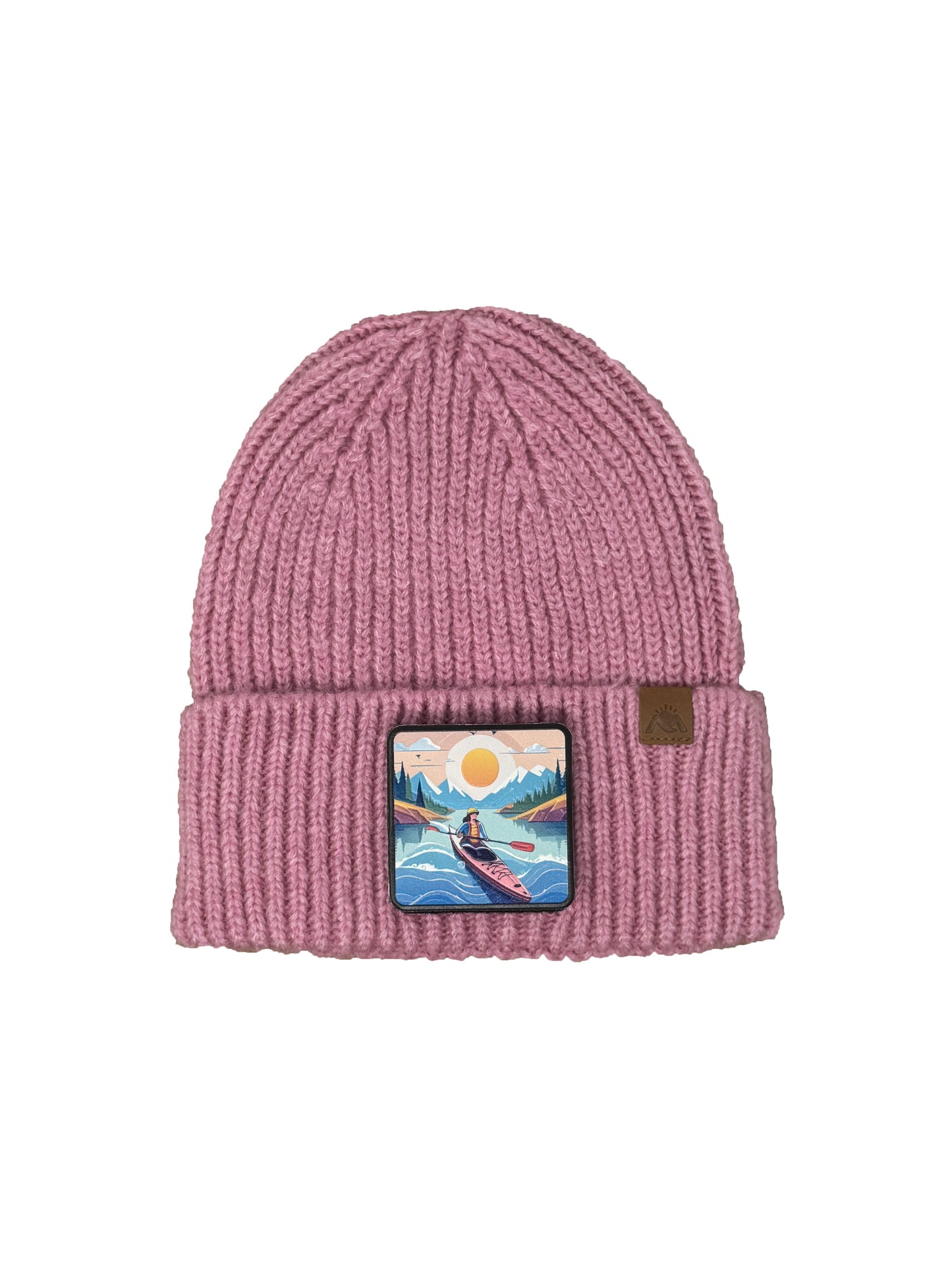 Sunset Kayak | Embossed Removable Adventure Patch Beanie - Wool Blend, Soft, Warm, One Size Fits All