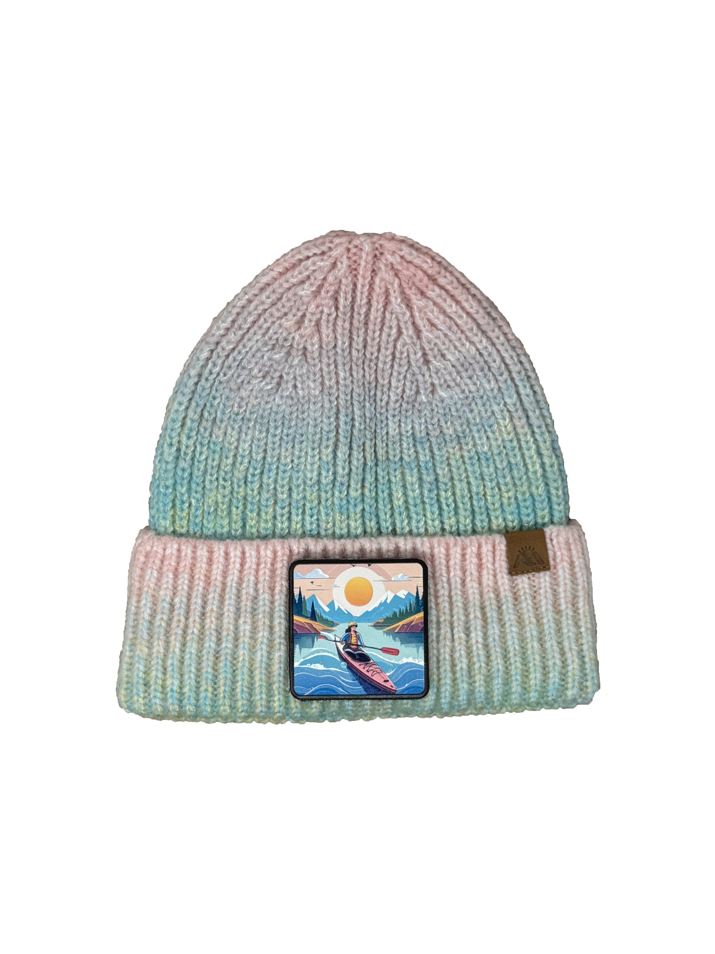 Sunset Kayak | Embossed Removable Adventure Patch Beanie - Wool Blend, Soft, Warm, One Size Fits All