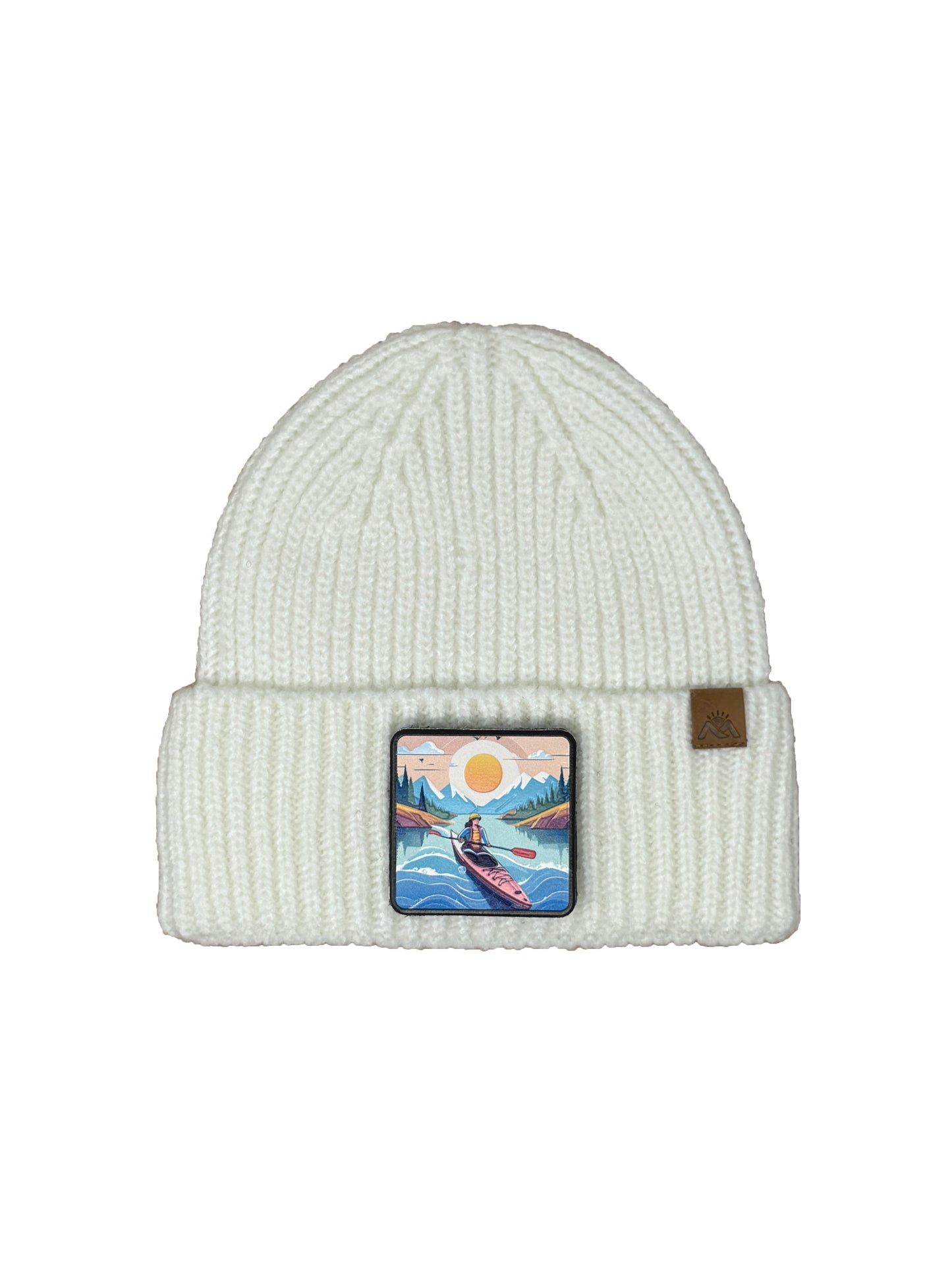 Sunset Kayak | Embossed Removable Adventure Patch Beanie - Wool Blend, Soft, Warm, One Size Fits All