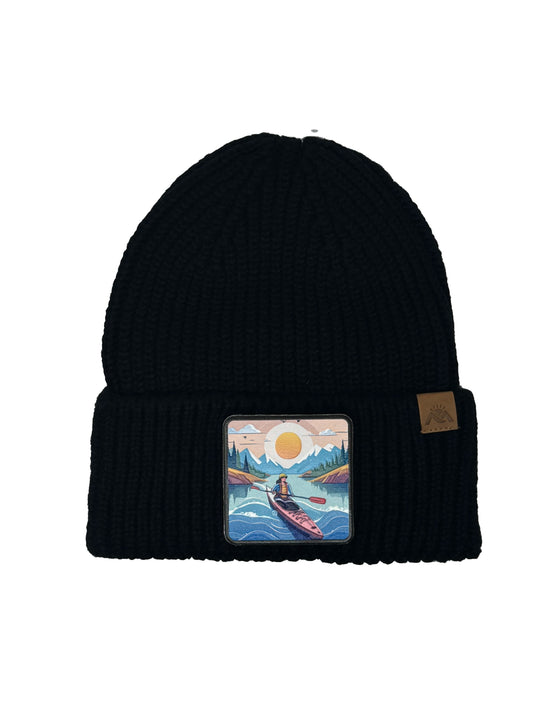 Sunset Kayak | Embossed Removable Adventure Patch Beanie - Wool Blend, Soft, Warm, One Size Fits Most