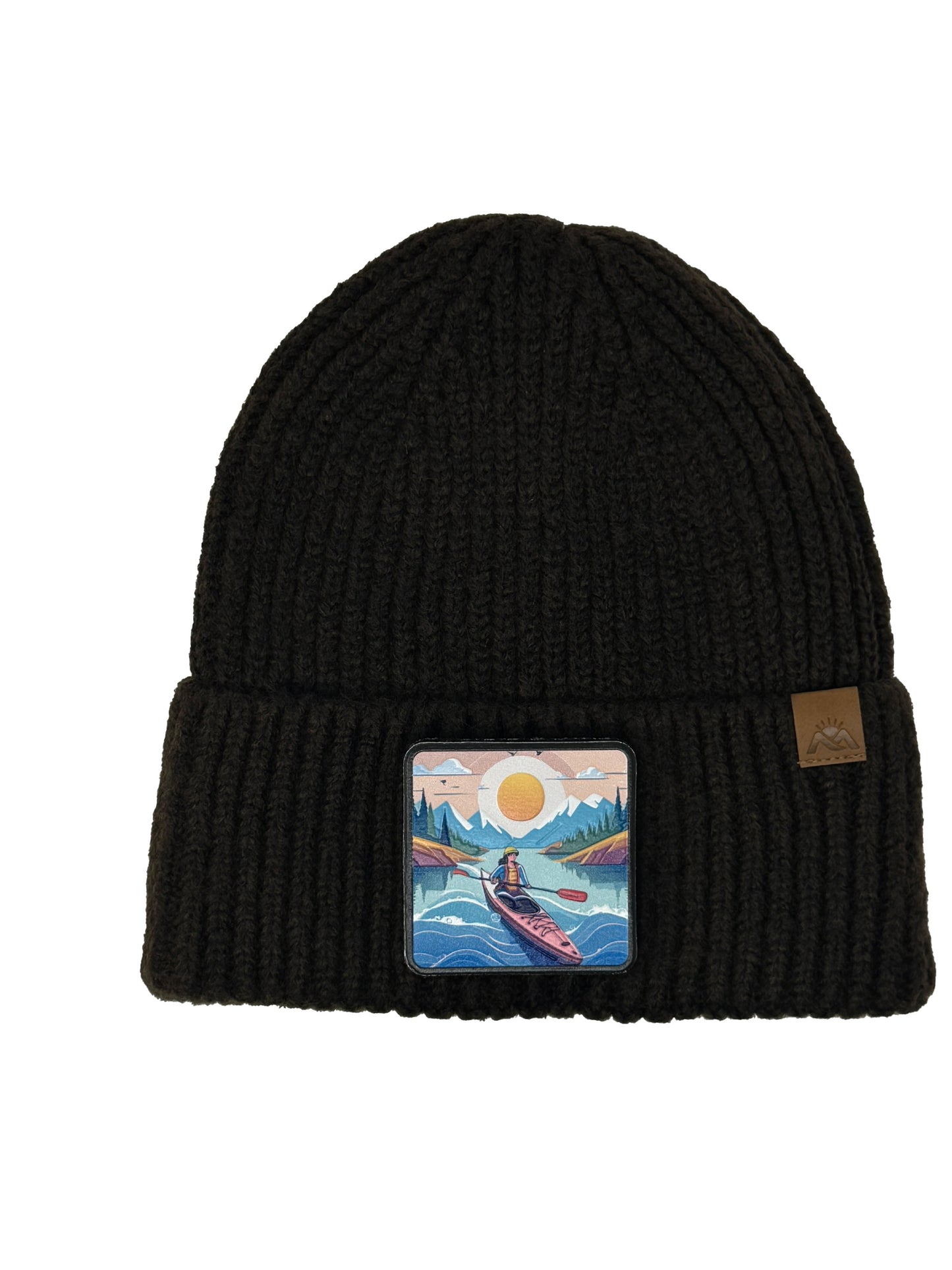 Sunset Kayak | Embossed Removable Adventure Patch Beanie - Wool Blend, Soft, Warm, One Size Fits All