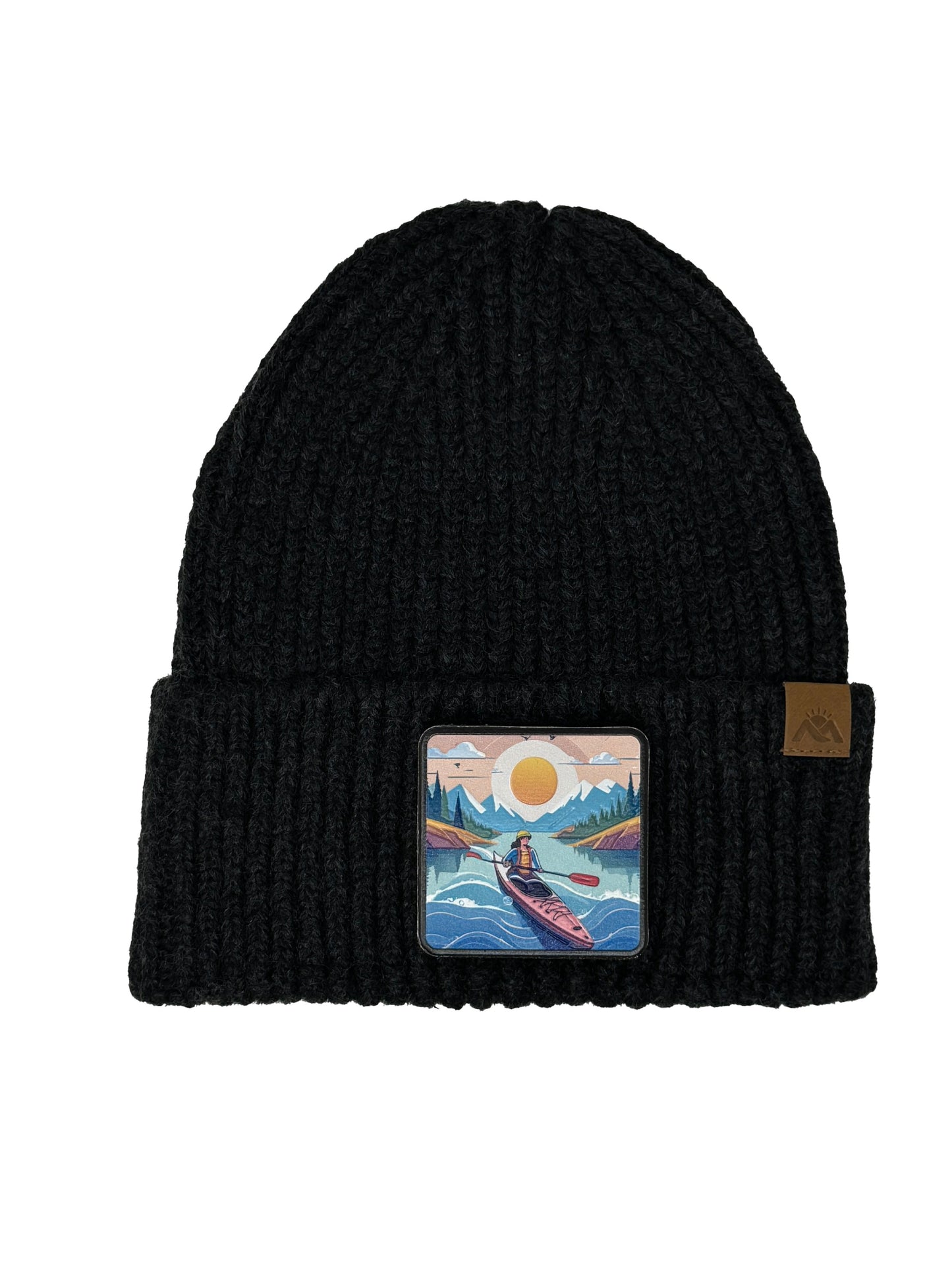 Sunset Kayak | Embossed Removable Adventure Patch Beanie - Wool Blend, Soft, Warm, One Size Fits All