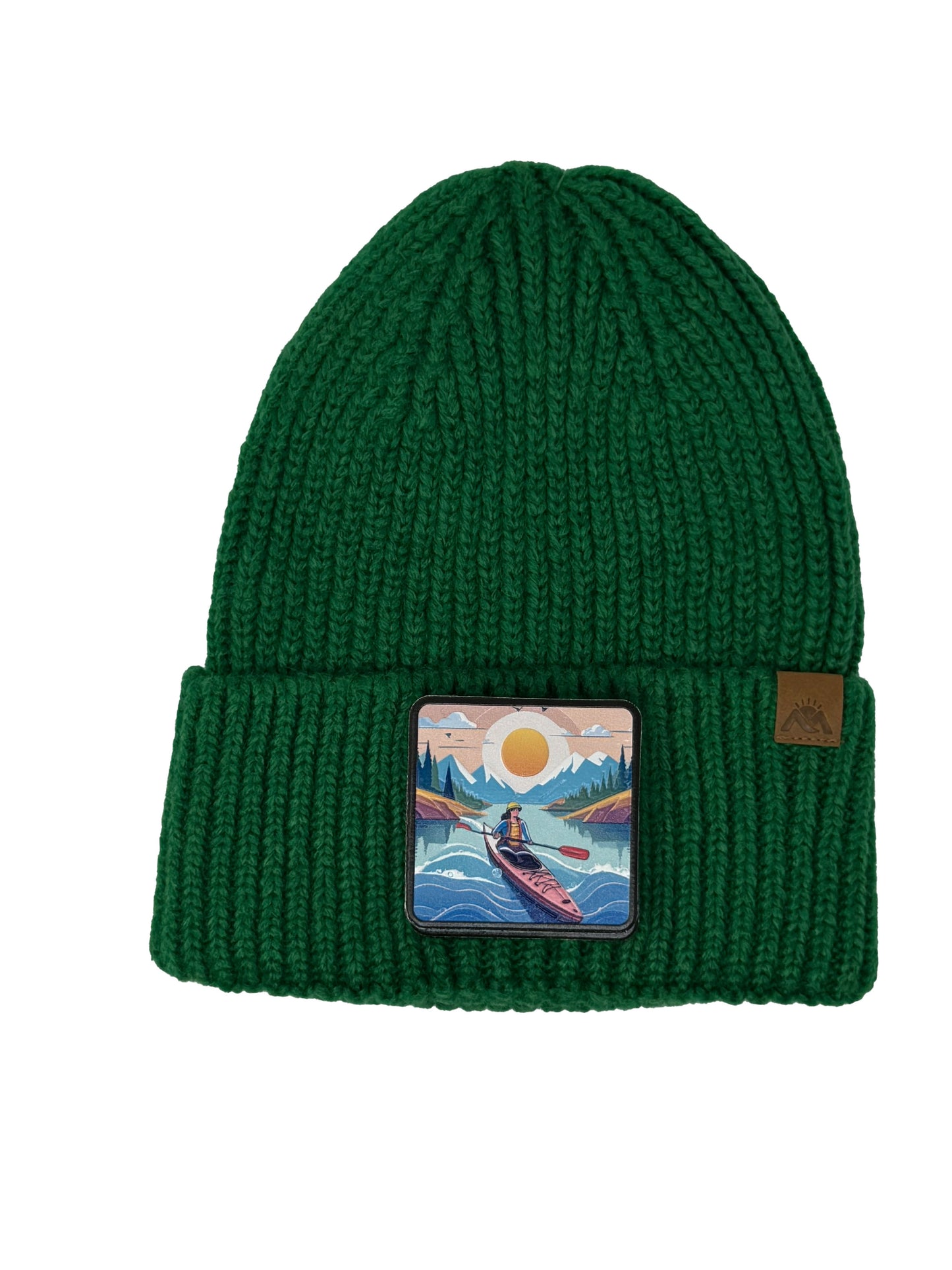 Sunset Kayak | Embossed Removable Adventure Patch Beanie - Wool Blend, Soft, Warm, One Size Fits All