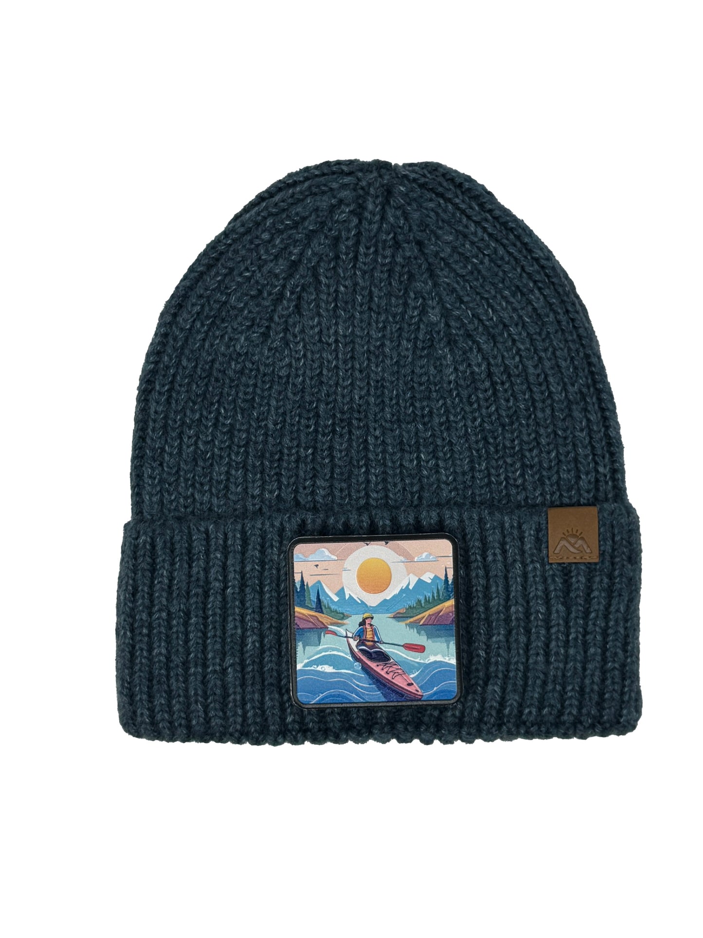 Sunset Kayak | Embossed Removable Adventure Patch Beanie - Wool Blend, Soft, Warm, One Size Fits All