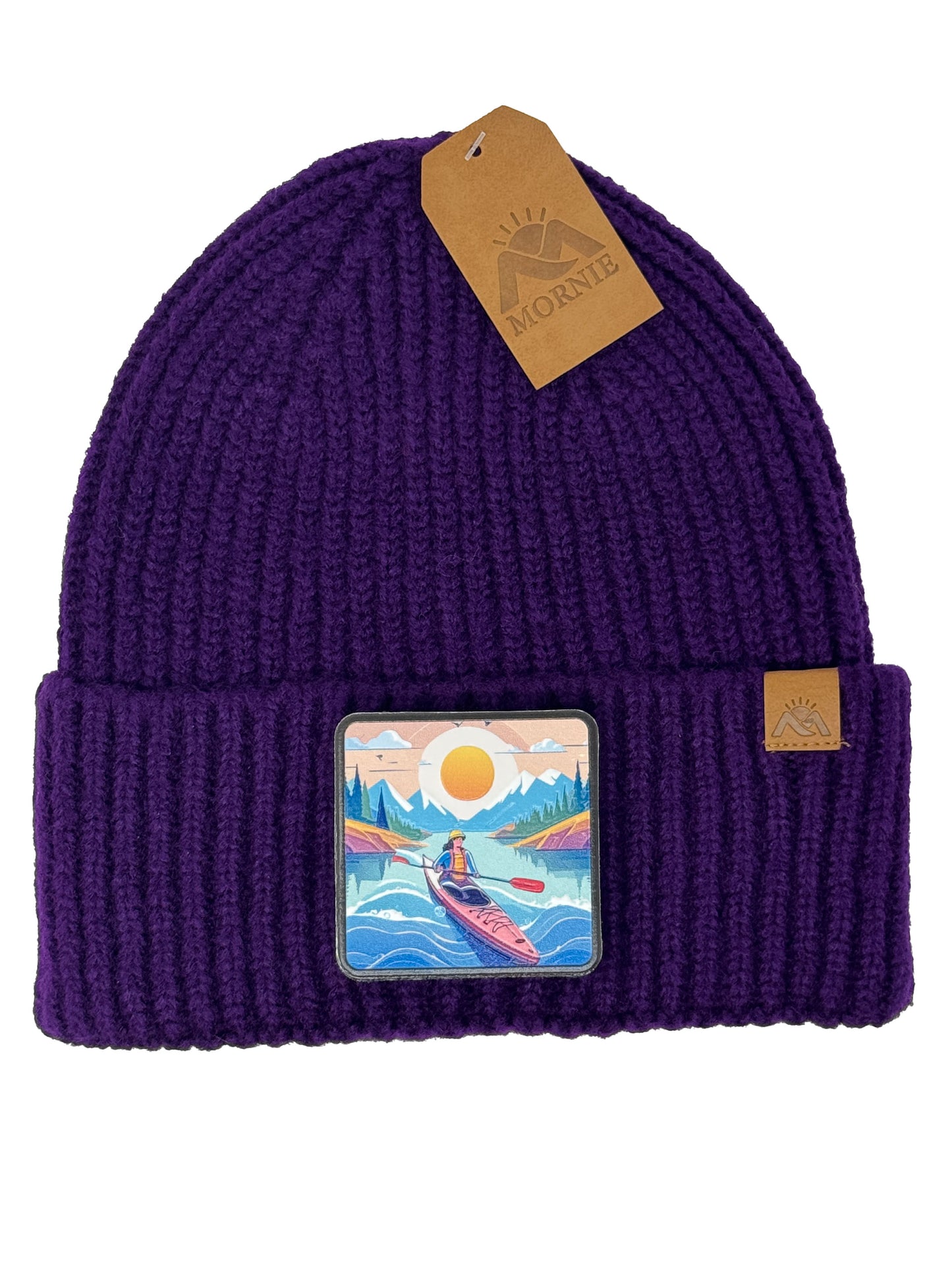 Sunset Kayak | Embossed Removable Adventure Patch Beanie - Wool Blend, Soft, Warm, One Size Fits All