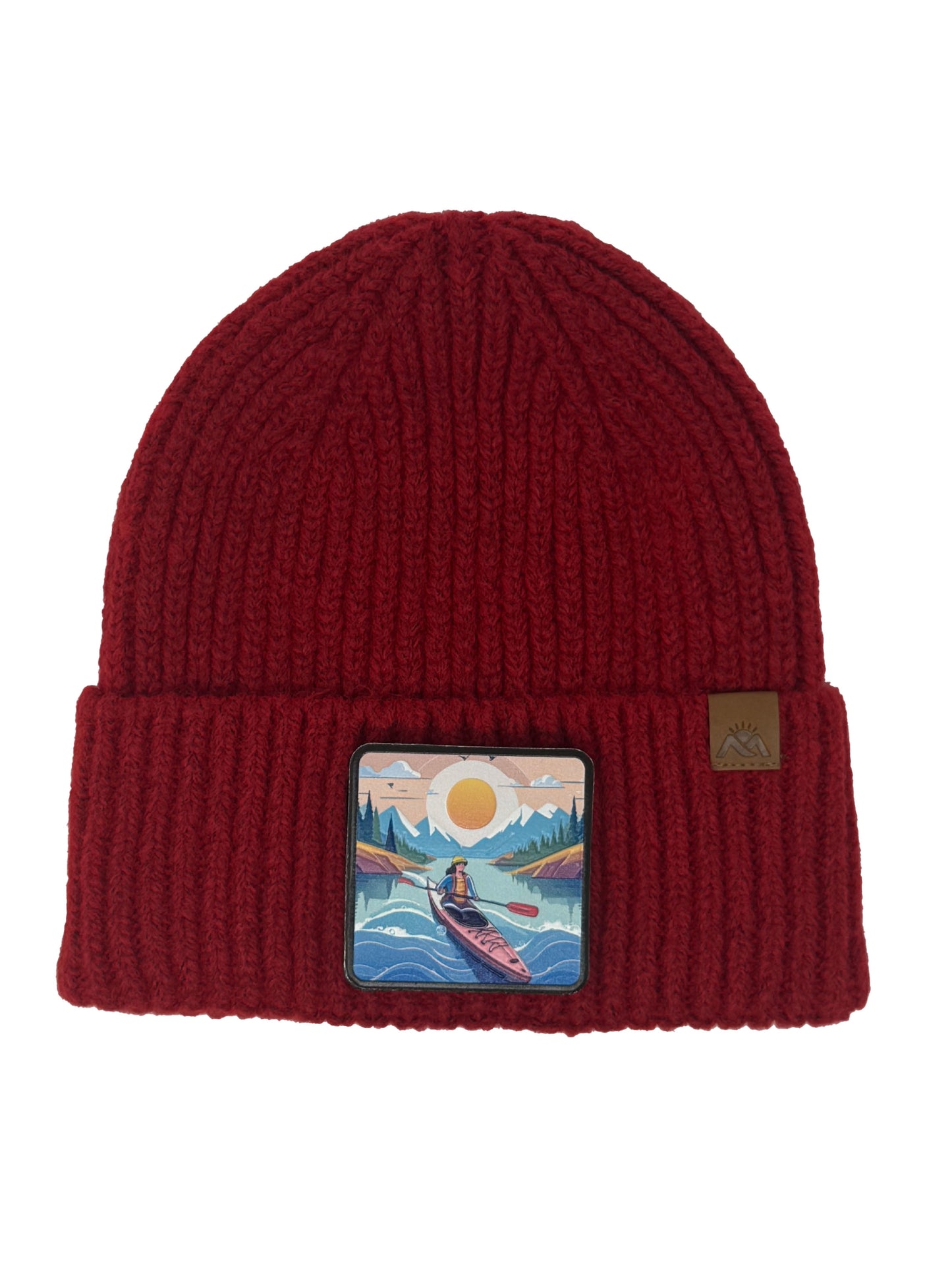 Sunset Kayak | Embossed Removable Adventure Patch Beanie - Wool Blend, Soft, Warm, One Size Fits All