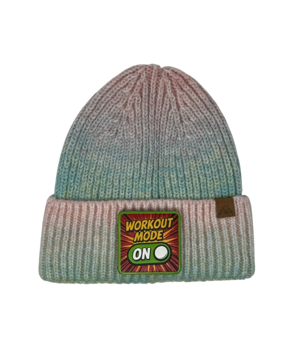Workout Mode On | Embossed Removable Patch Beanie - Wool Blend, Soft, Warm, One Size Fits Most