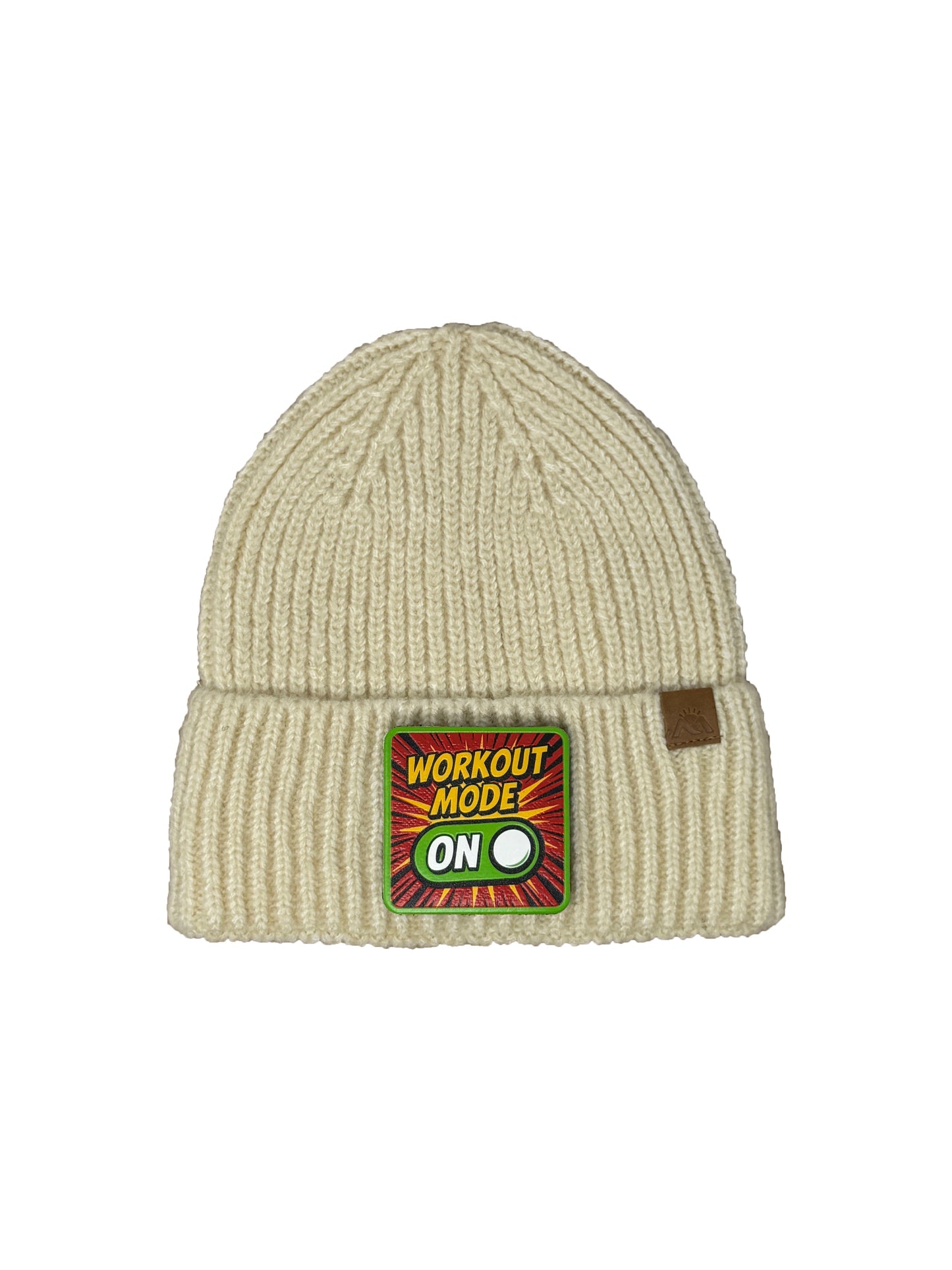 Workout Mode On | Embossed Removable Patch Beanie - Wool Blend, Soft, Warm, One Size Fits All