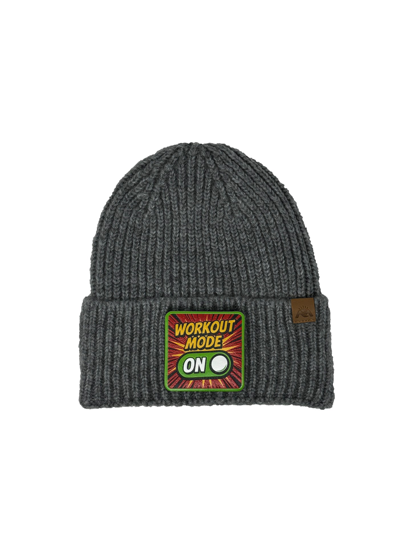 Workout Mode On | Embossed Removable Patch Beanie - Wool Blend, Soft, Warm, One Size Fits All