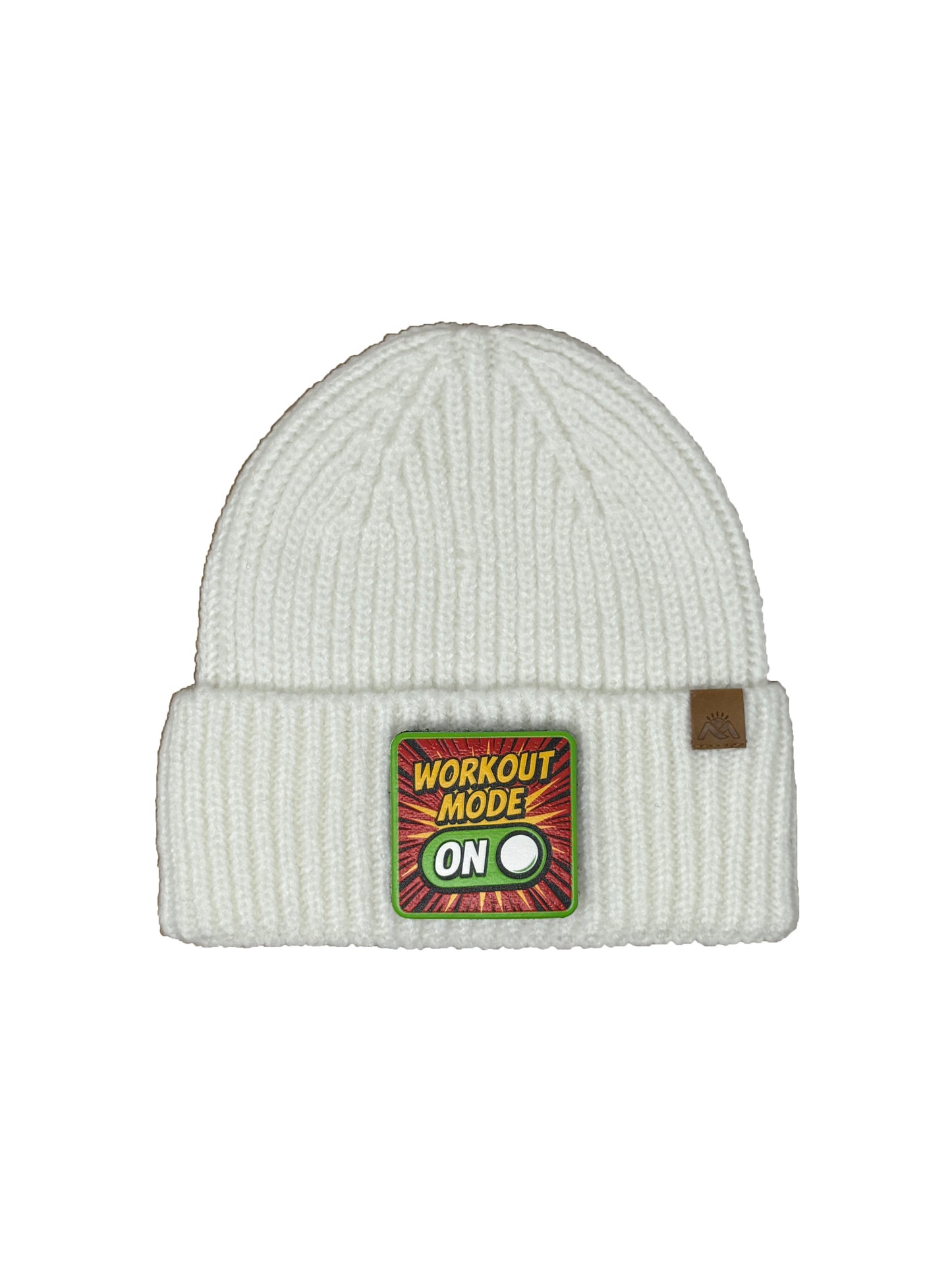 Workout Mode On | Embossed Removable Patch Beanie - Wool Blend, Soft, Warm, One Size Fits All