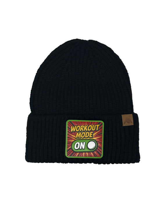 Workout Mode On | Embossed Removable Patch Beanie - Wool Blend, Soft, Warm, One Size Fits Most