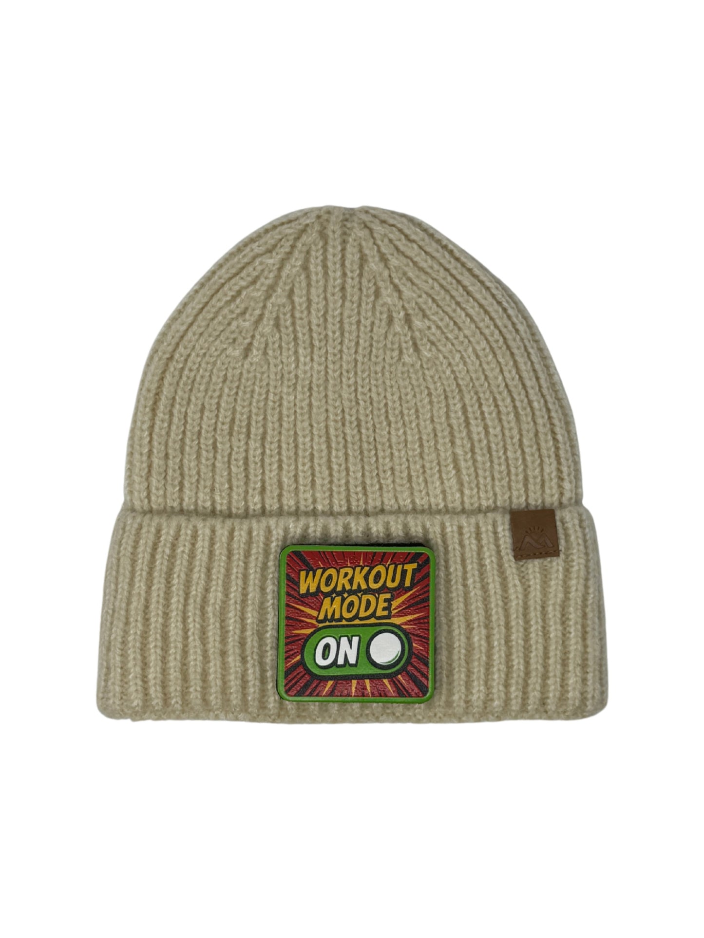 Workout Mode On | Embossed Removable Patch Beanie - Wool Blend, Soft, Warm, One Size Fits Most