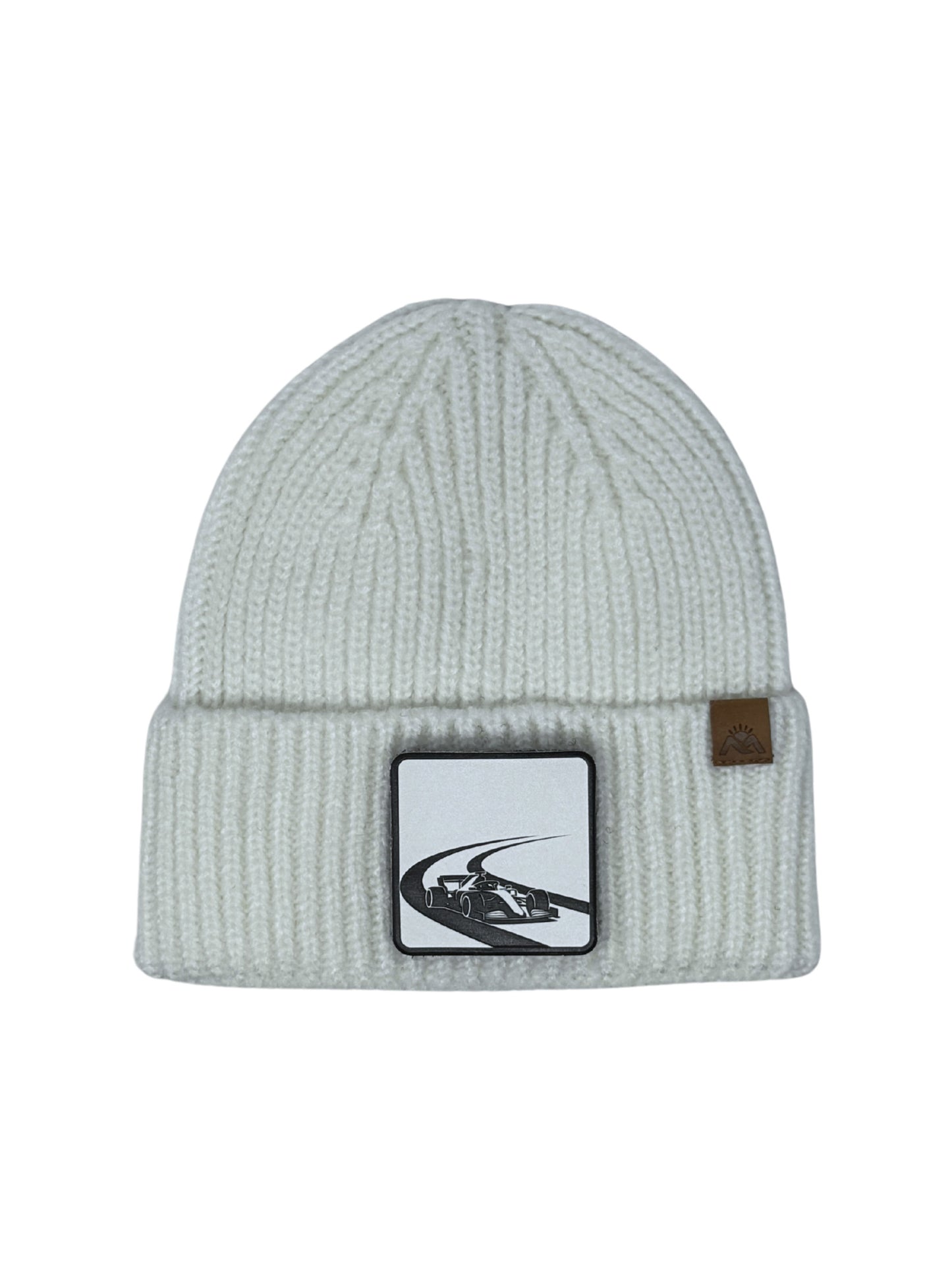 Checkered Flag | Embossed Removable Racing Patch Beanie - Wool Blend, Soft, Warm, One Size Fits Most