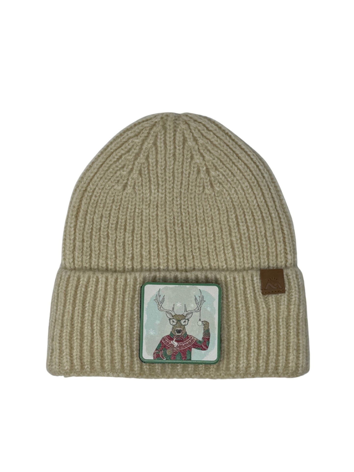 Christmas Reindeer | Embossed Removable Christmas Patch Beanie - Wool Blend, Soft, Warm, One Size Fits Most