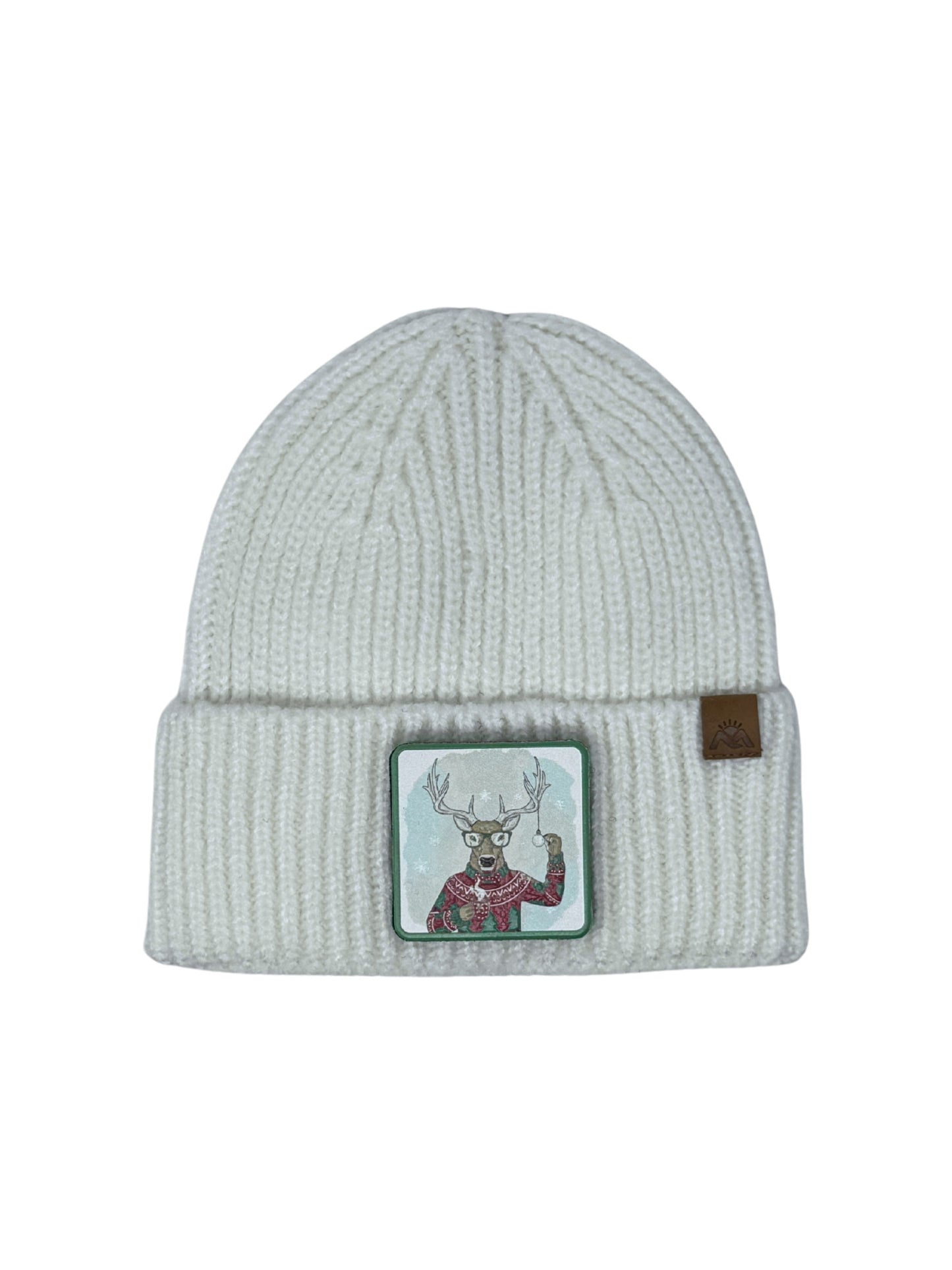 Christmas Reindeer | Embossed Removable Christmas Patch Beanie - Wool Blend, Soft, Warm, One Size Fits Most