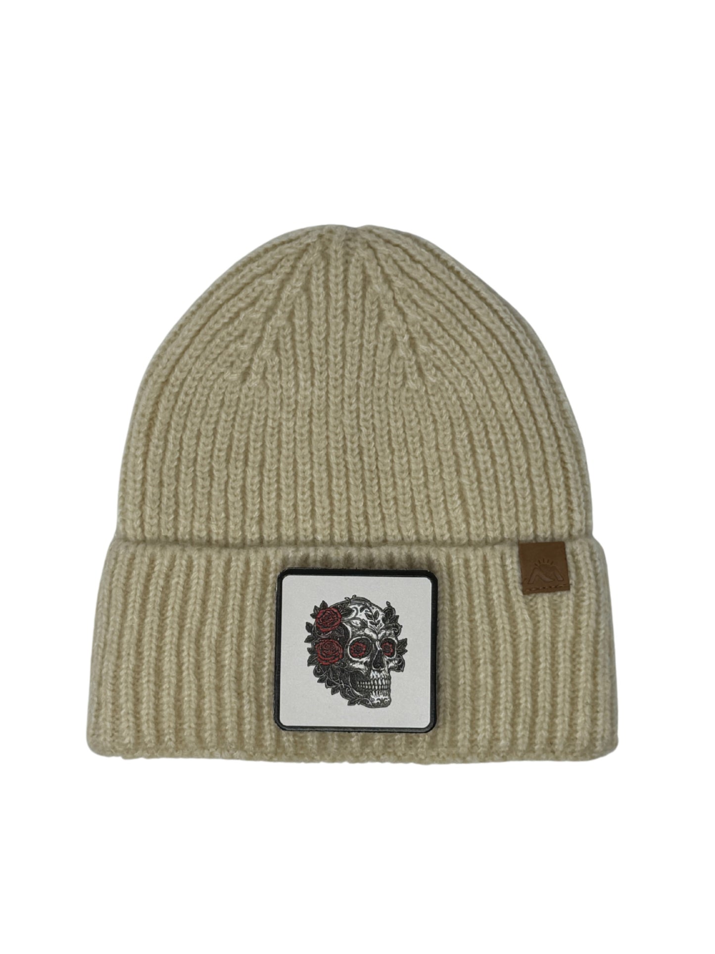 B&W Skull | Embossed Removable Patch Beanie - Wool Blend, Soft, Warm, One Size Fits Most