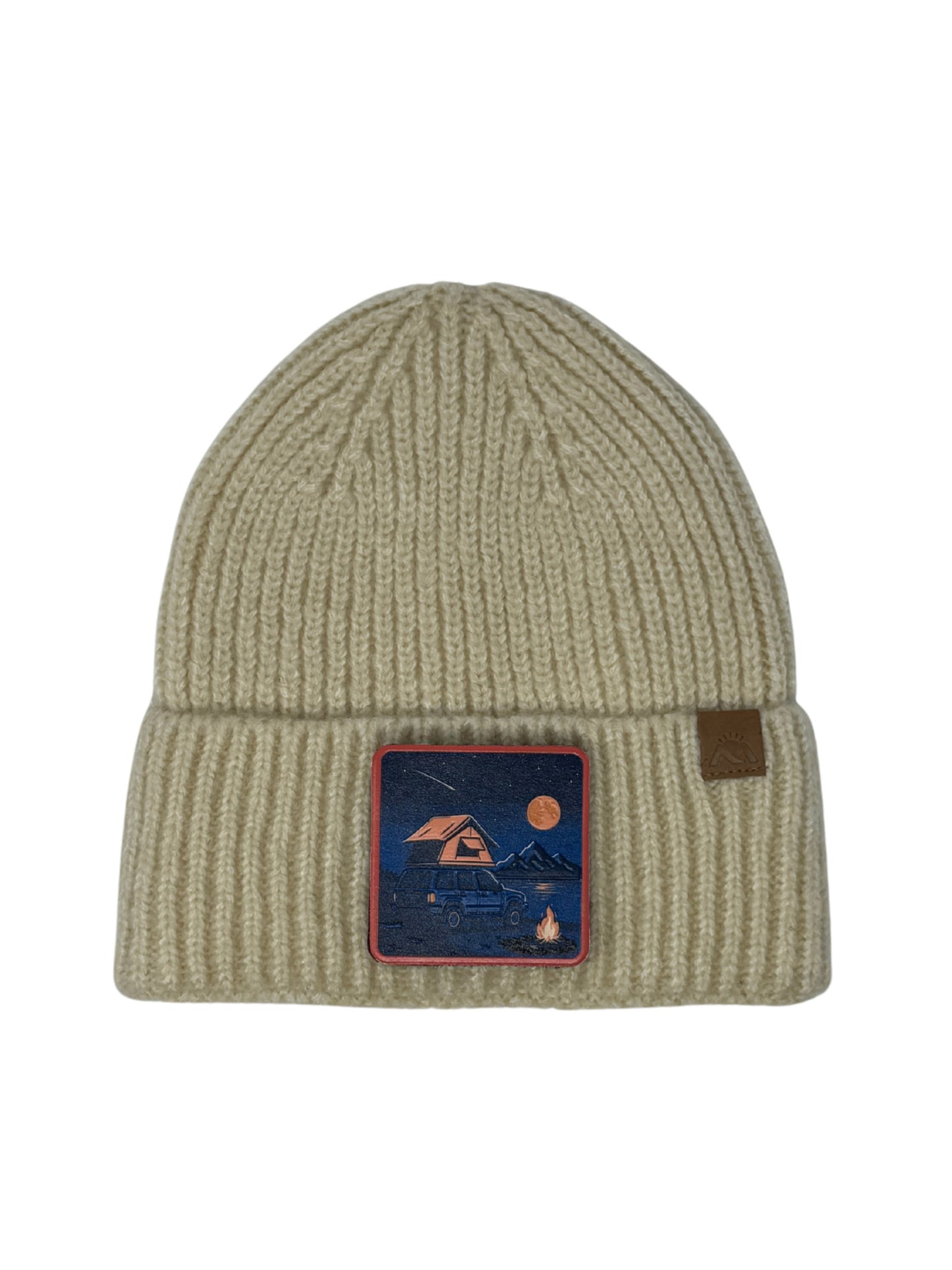 Campfire Nights | Embossed Removable Patch Beanie - Wool Blend, Soft, Warm, One Size Fits Most