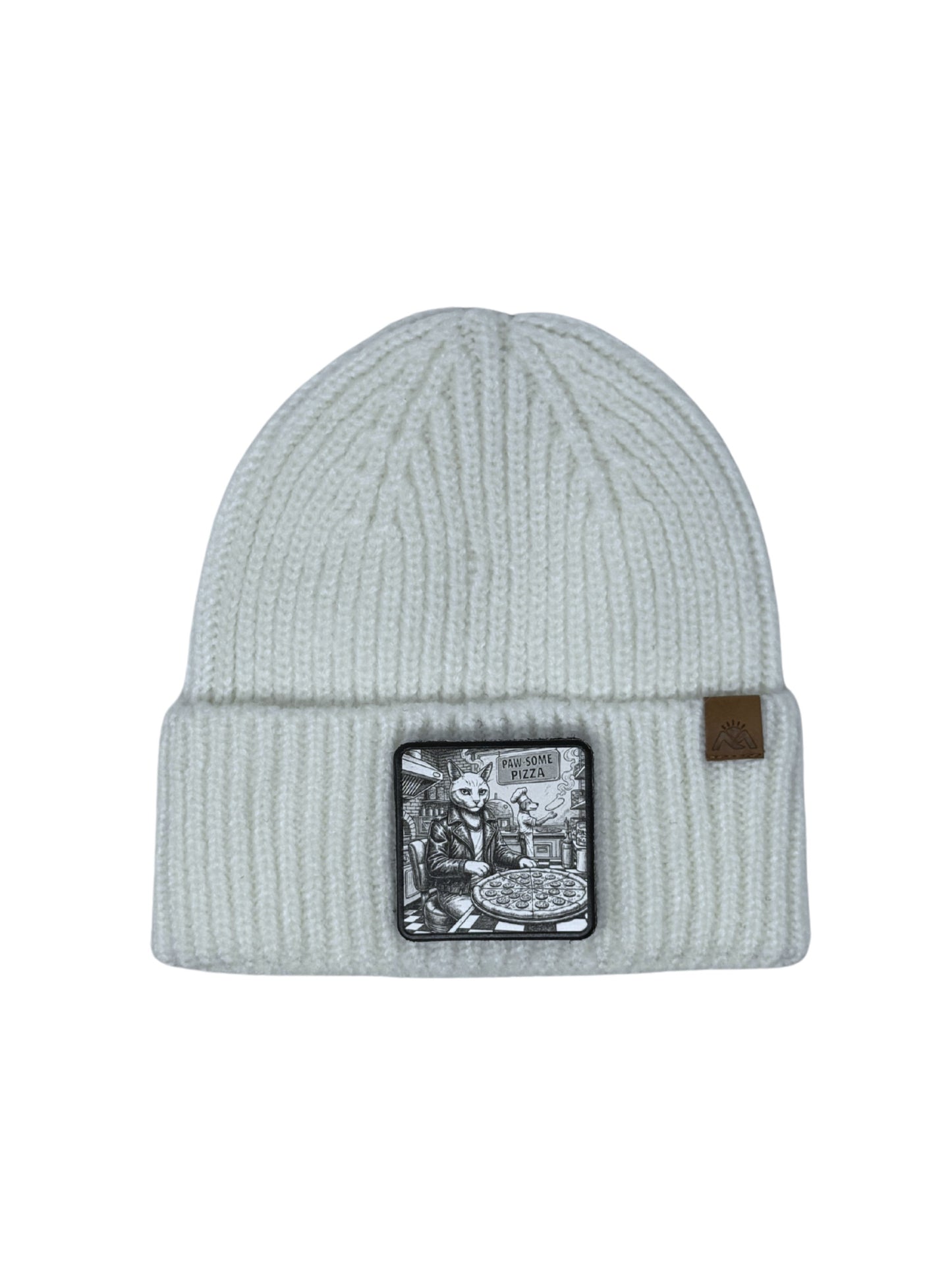 Paw-some Pizza | Embossed Removable Patch Beanie - Wool Blend, Soft, Warm, One Size Fits Most