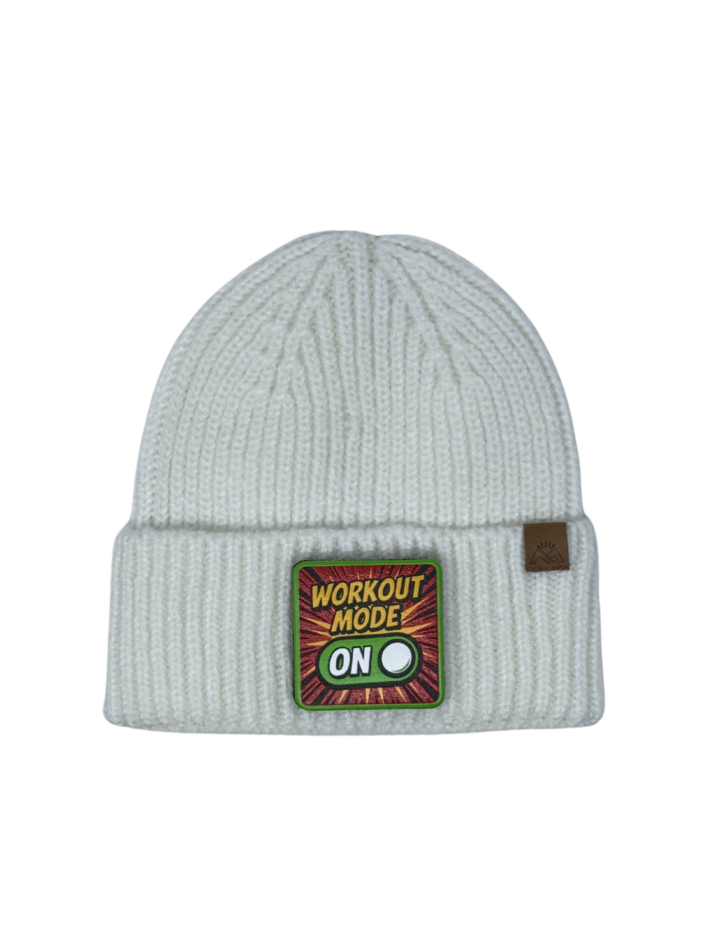 Workout Mode On | Embossed Removable Patch Beanie - Wool Blend, Soft, Warm, One Size Fits Most